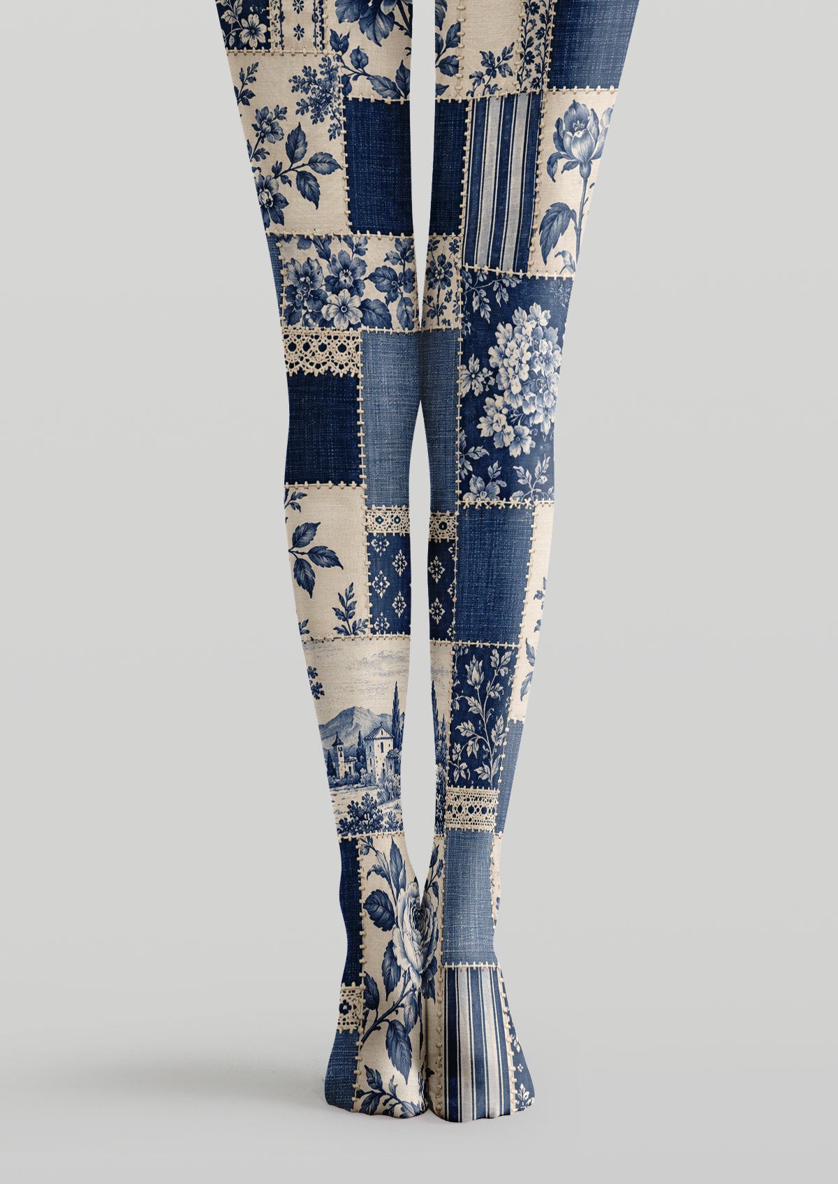 Navy and ivory printed tights with floral patchwork panels, stripes and botanical motifs