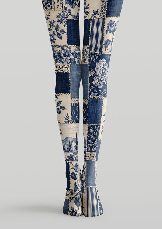 Navy and ivory printed tights with floral patchwork panels, stripes and botanical motifs
