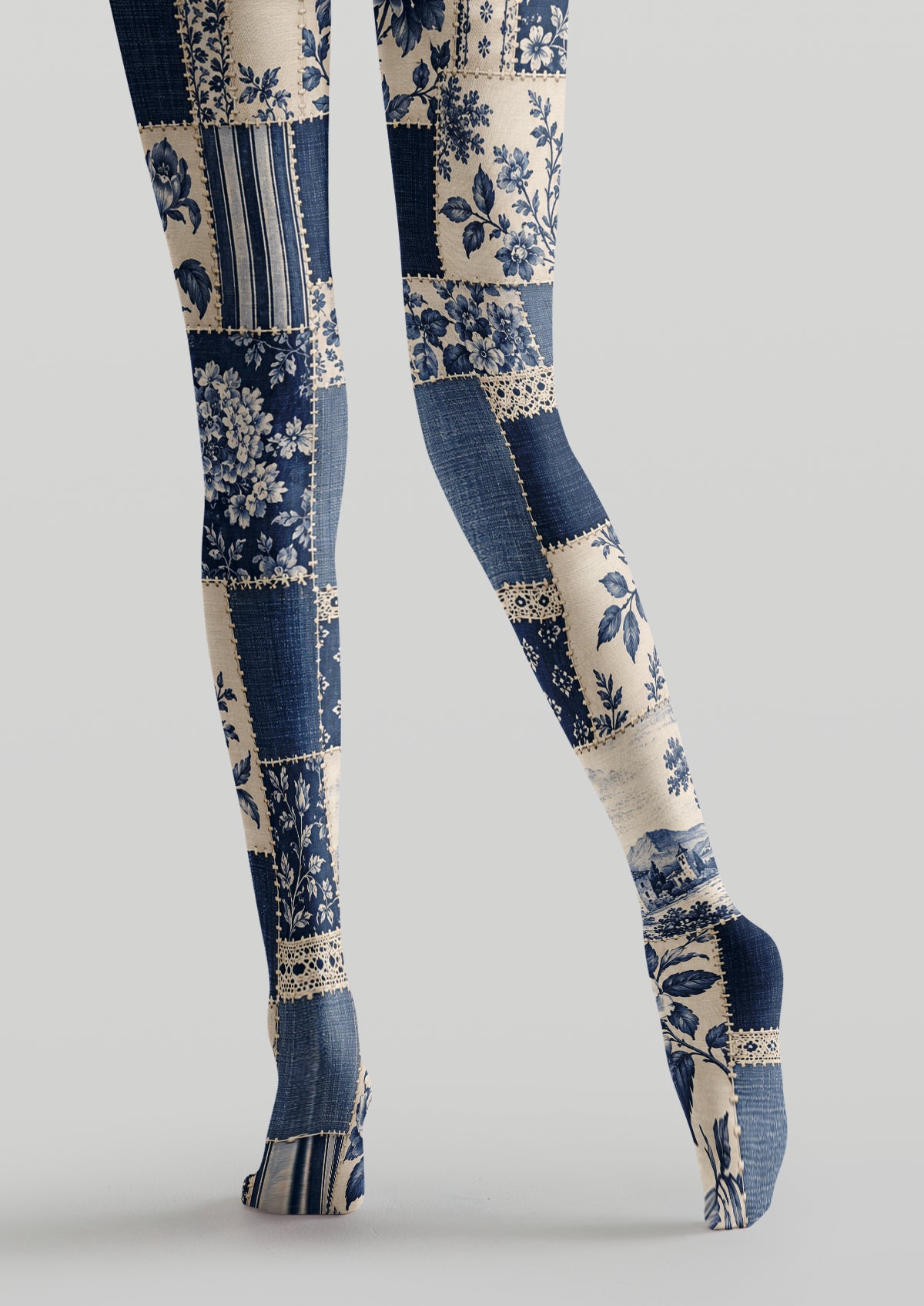 Navy Ivory Patchwork Floral Tights
