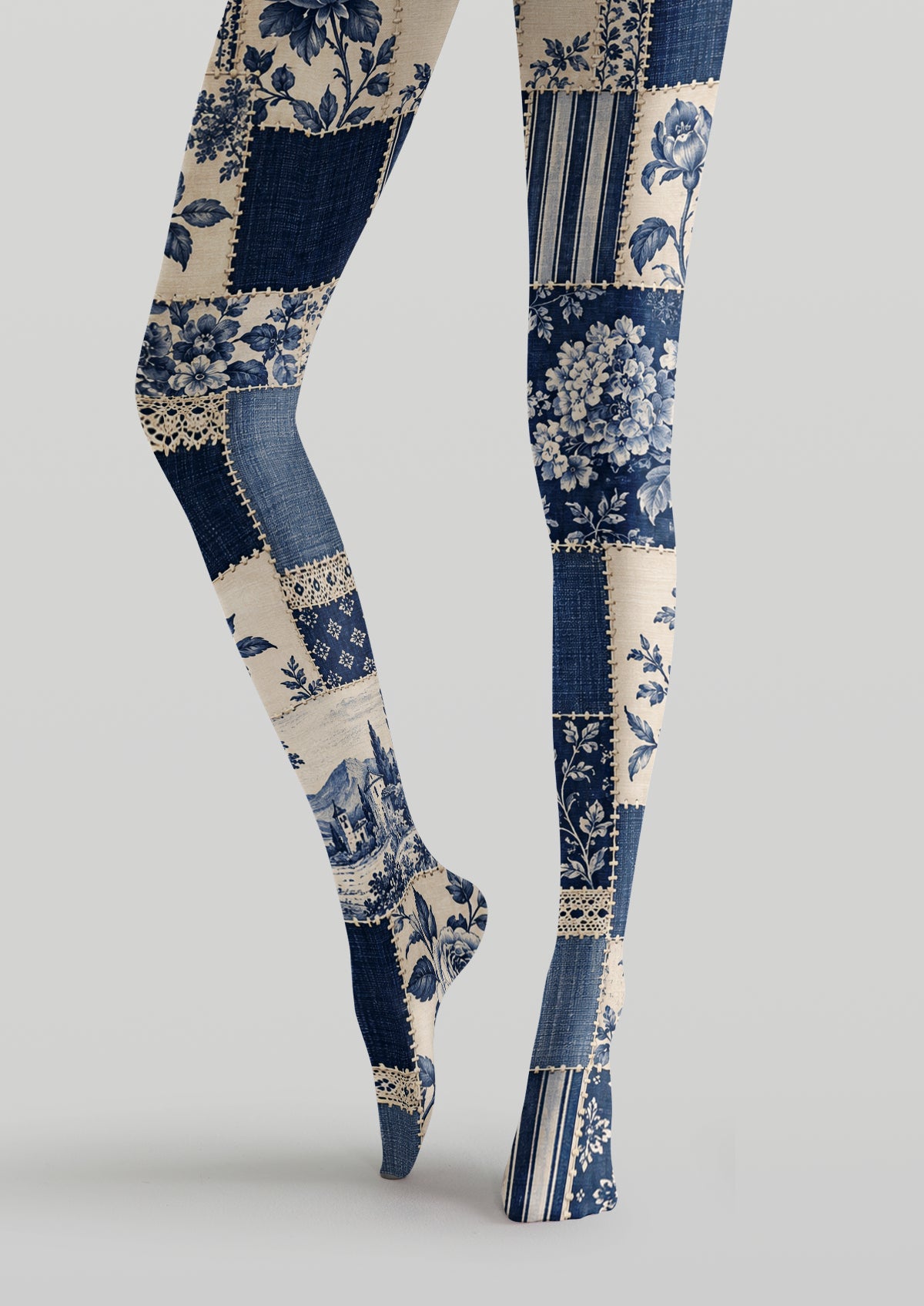 Navy Ivory Patchwork Floral Tights