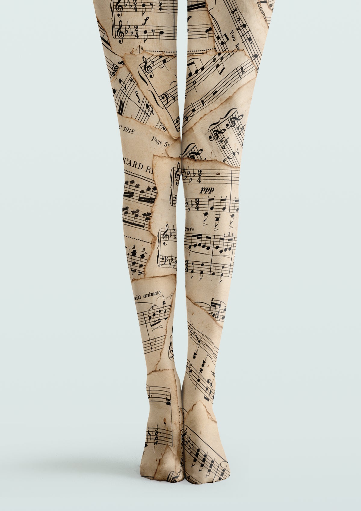 Beige printed tights with layered black sheet music notes and aged brown paper details