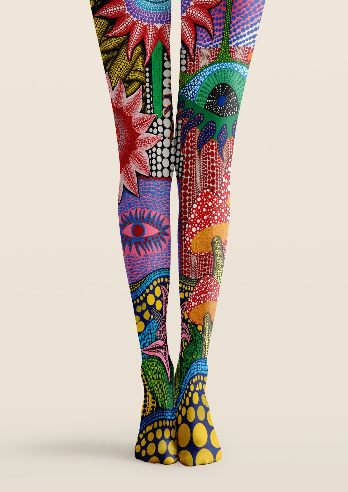 Multicolor printed tights with polka dots, flowers, mushrooms and graphic art motifs