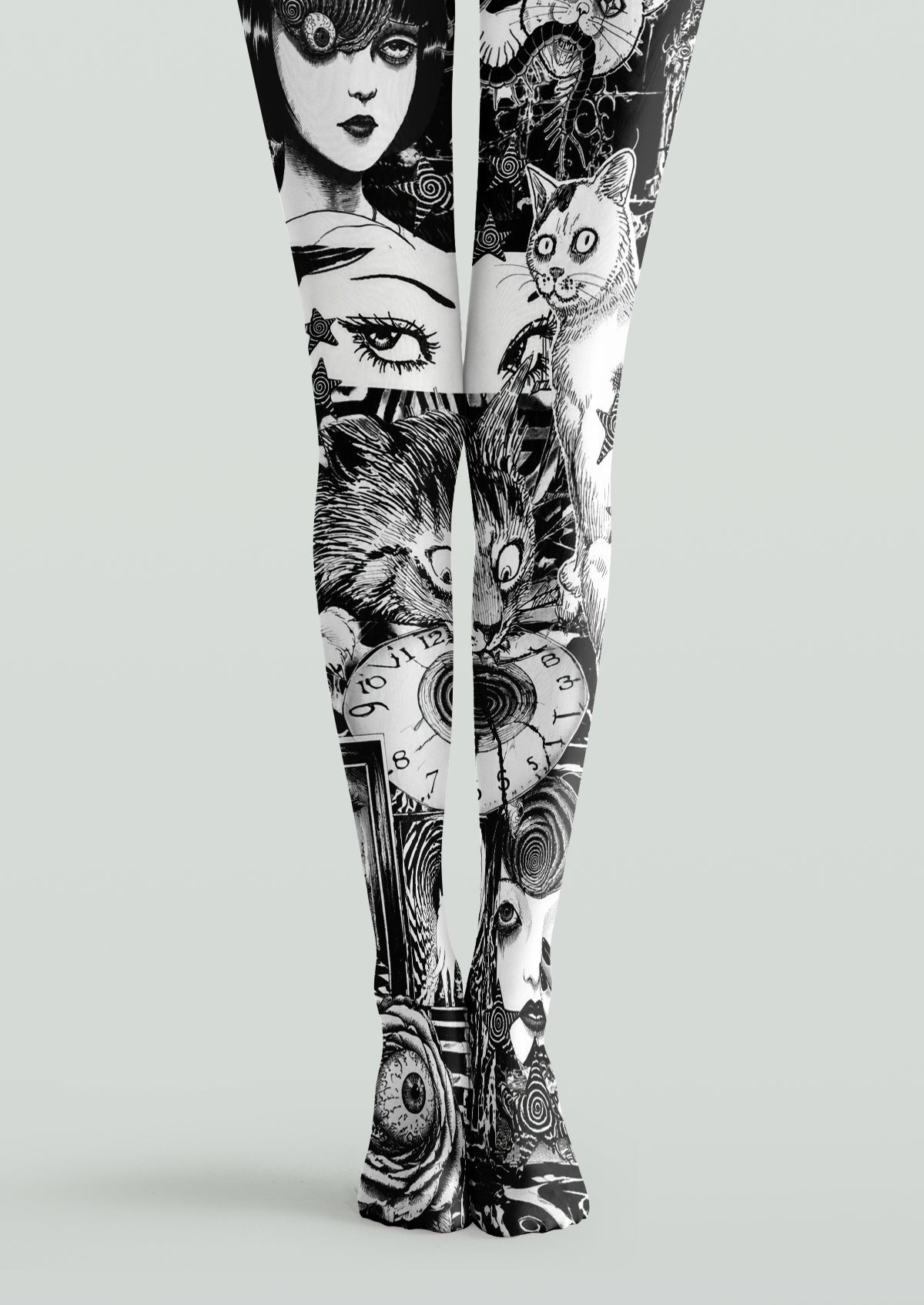 Black white printed tights with Japanese horror manga inspired faces, cats, eyes and spiral artwork