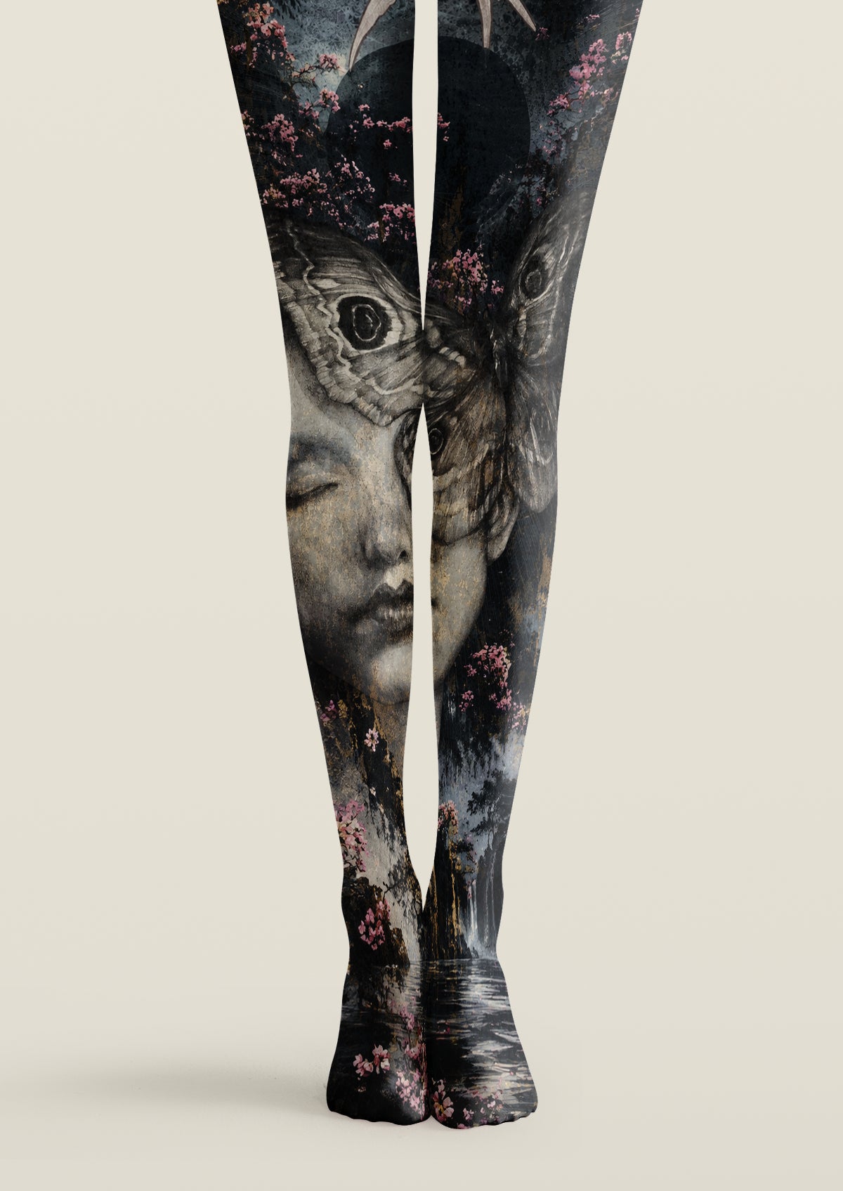 Black printed tights with moth wings, face, cherry blossoms and surreal fantasy artwork