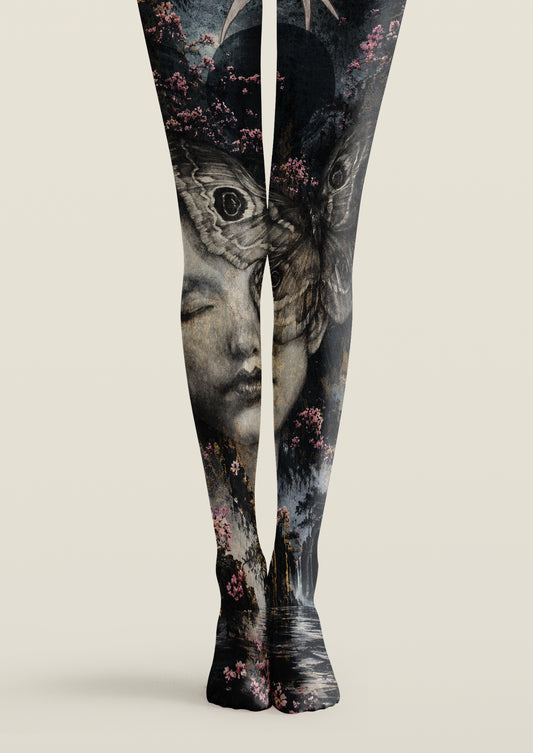 Black printed tights with moth wings, face, cherry blossoms and surreal fantasy artwork