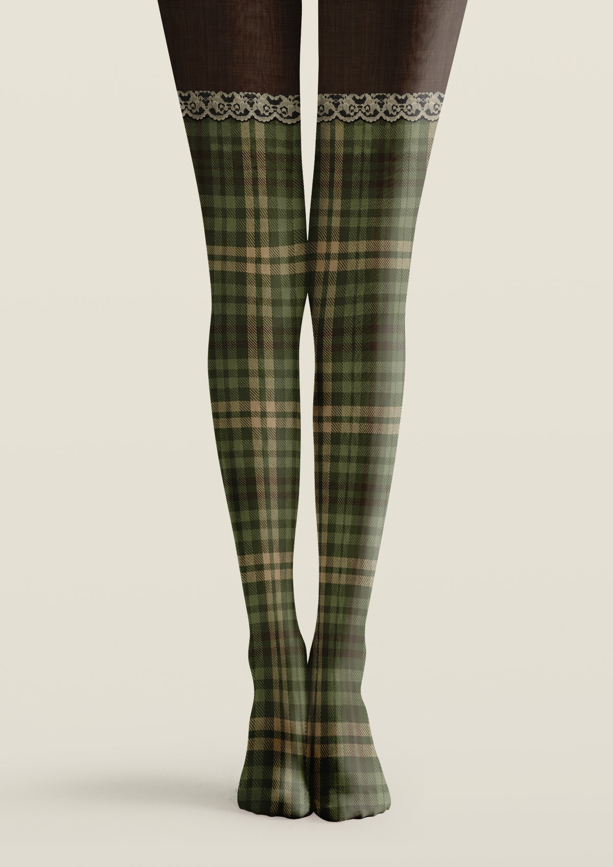 Green plaid lace trim printed tights, brown upper panel, plaid pattern on lower legs with lace detailing