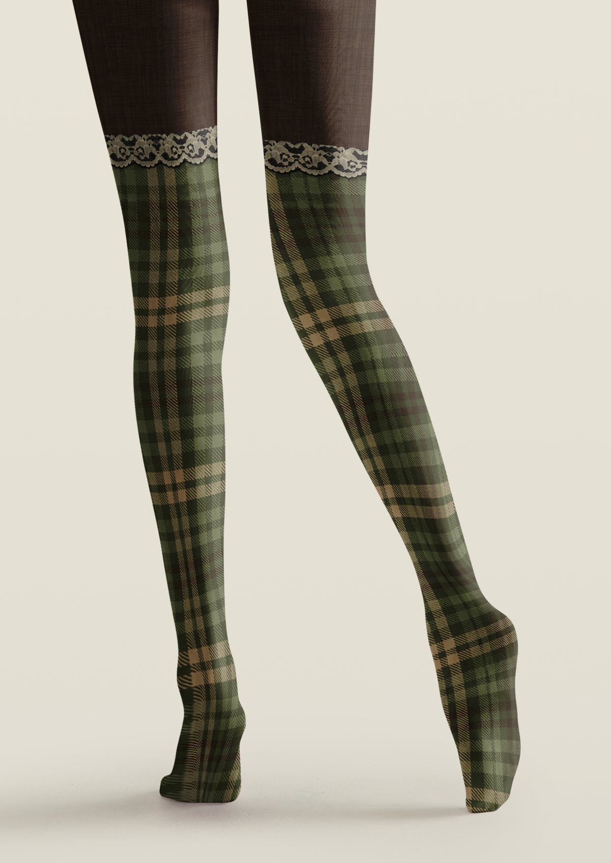 Green Plaid Lace Trim Tights