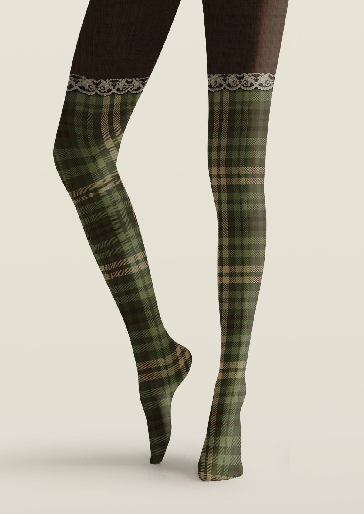Green Plaid Lace Trim Tights