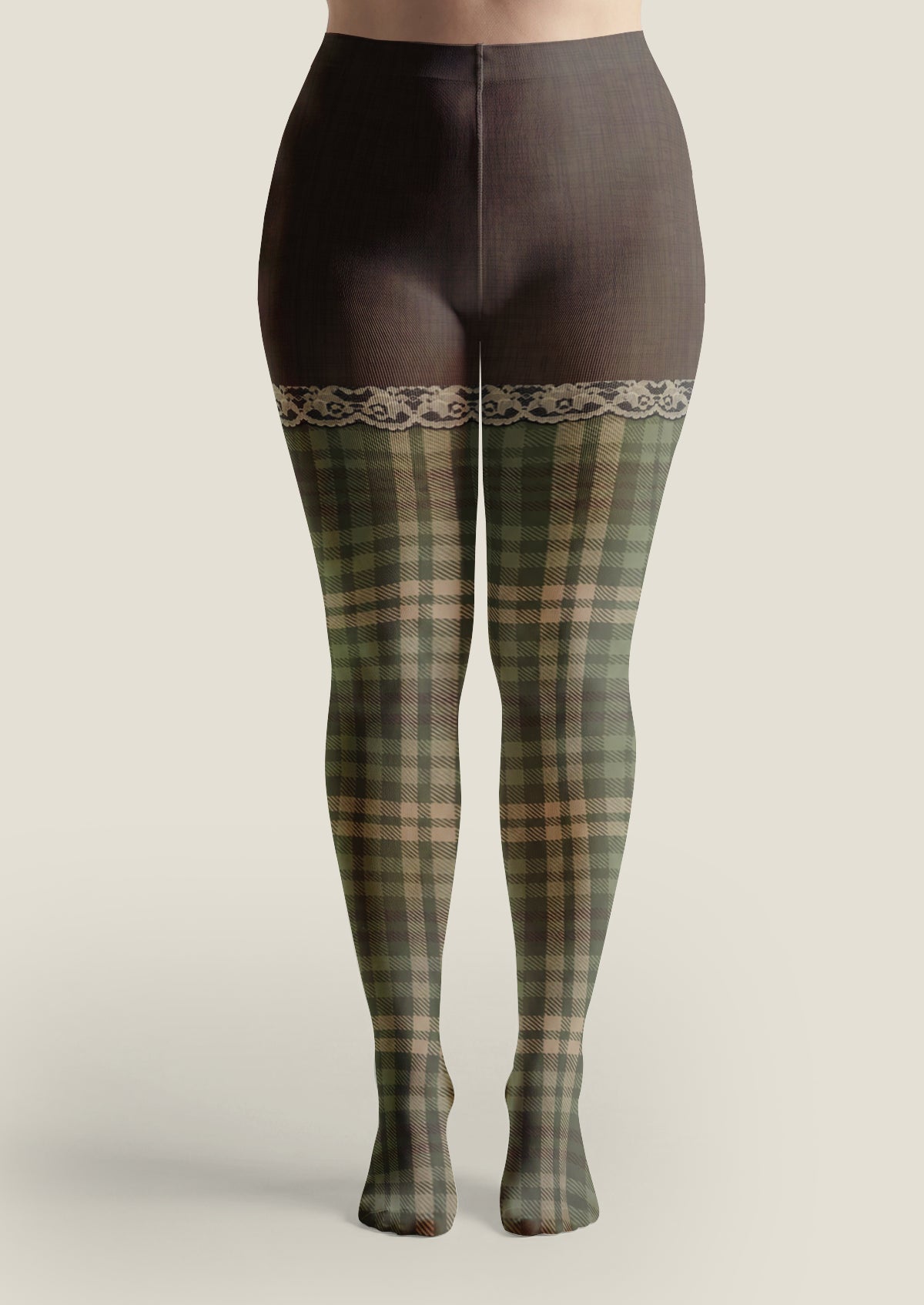 Green Plaid Lace Trim Tights