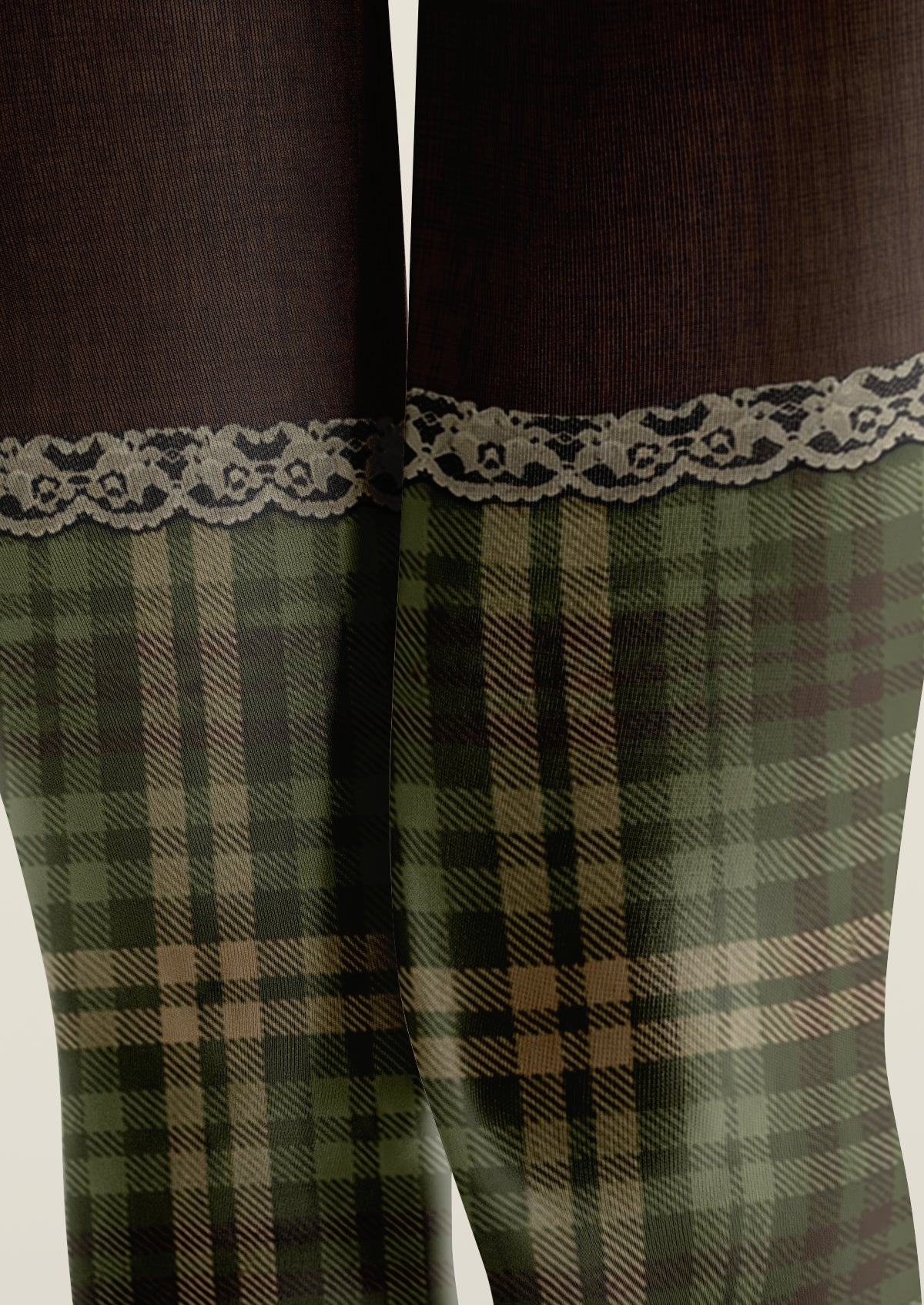 Green Plaid Lace Trim Tights