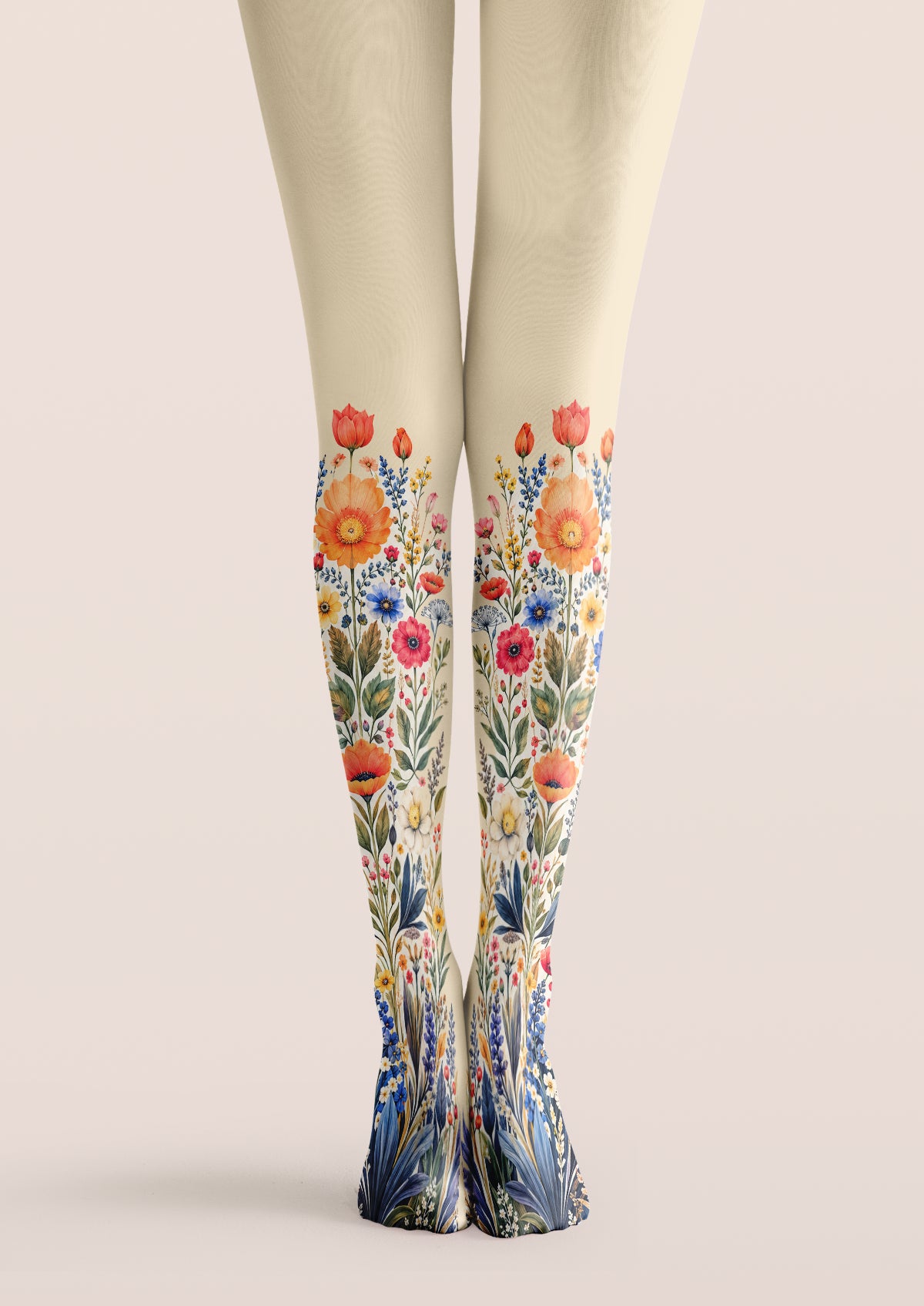 Ivory tights with colourful floral bouquet print on lower legs and feet, printed tights