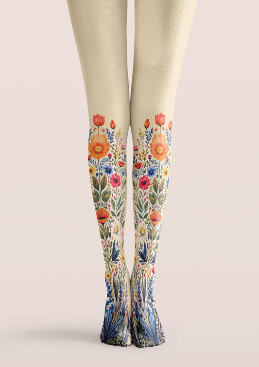 Ivory tights with colourful floral bouquet print on lower legs and feet, printed tights