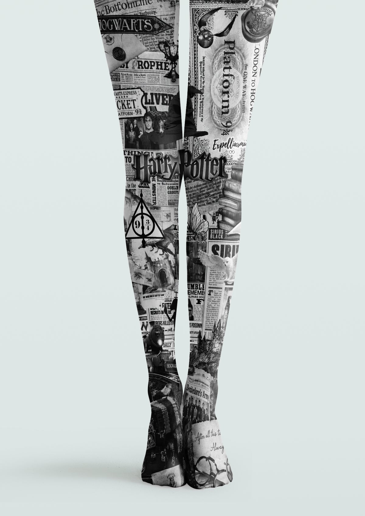 Black, gray and white printed tights with Harry Potter-inspired newspaper collage, Hogwarts graphics, Platform 9¾ and magical symbols.