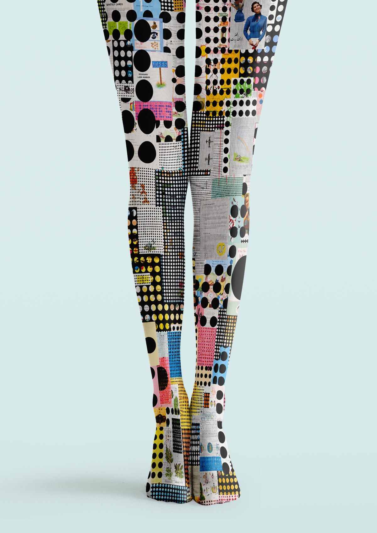 Multicolor printed tights with black polka dots, yellow, blue, pink and orange collage panels and layered graphic details.