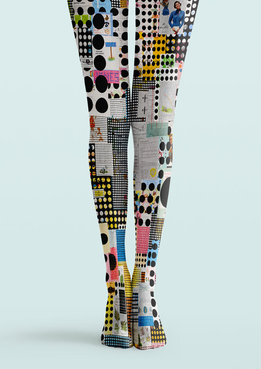 Multicolor printed tights with black polka dots, yellow, blue, pink and orange collage panels and layered graphic details.