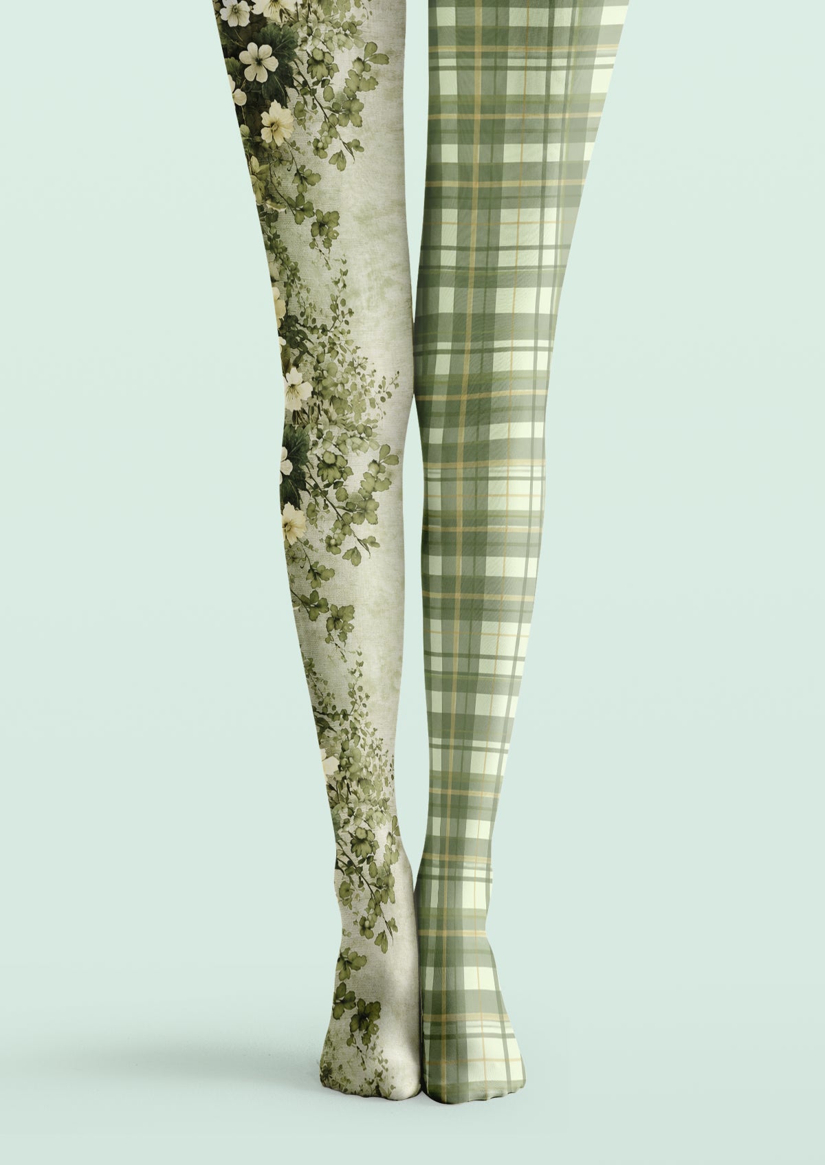 Green and ivory printed tights with olive botanical flowers on one leg and sage-green plaid on the other.