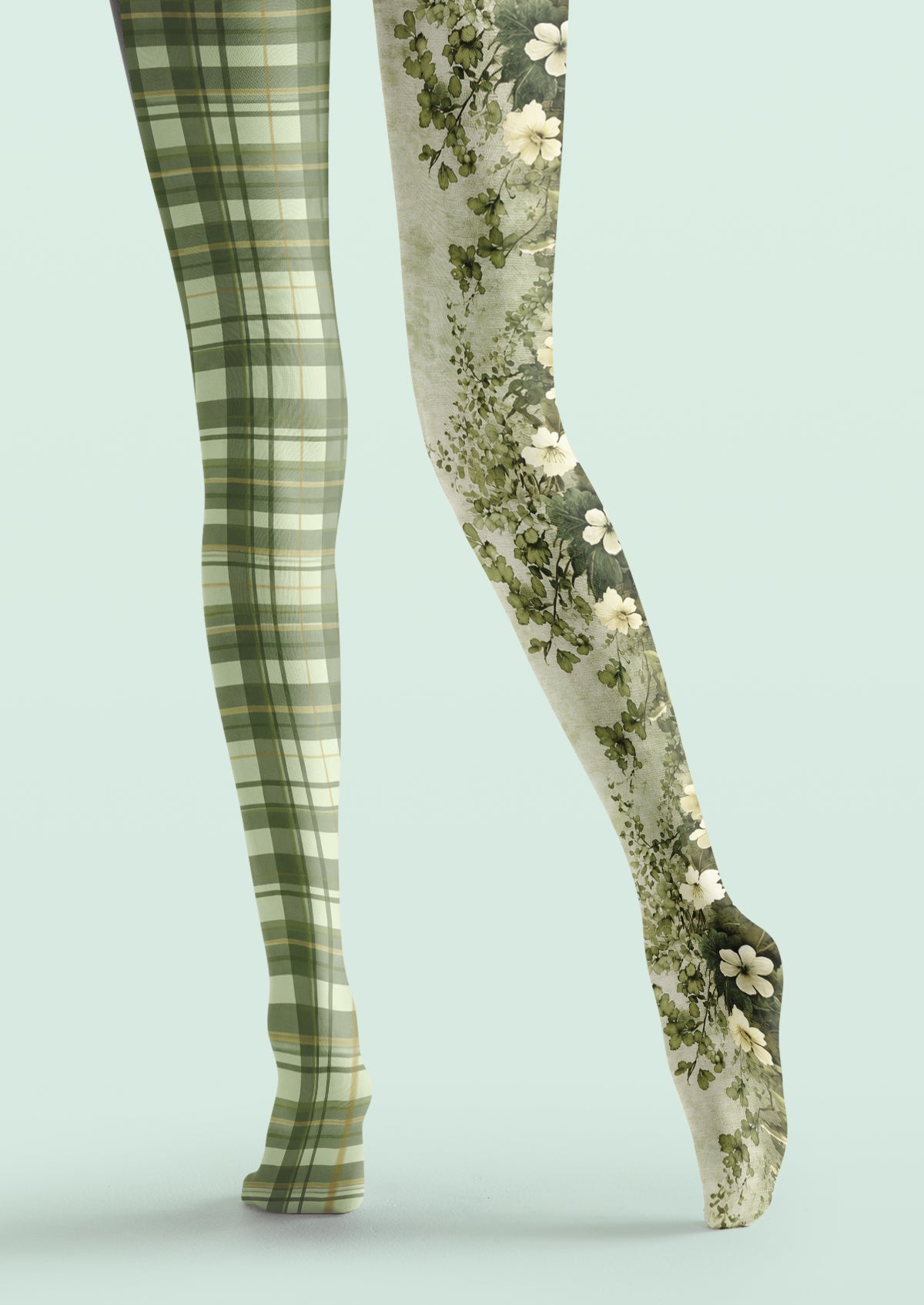 Green Botanical Floral Plaid Tights