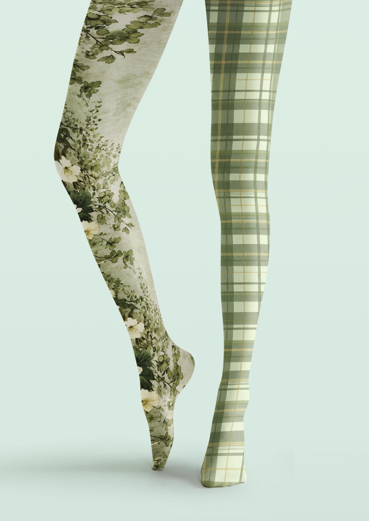 Green Botanical Floral Plaid Tights