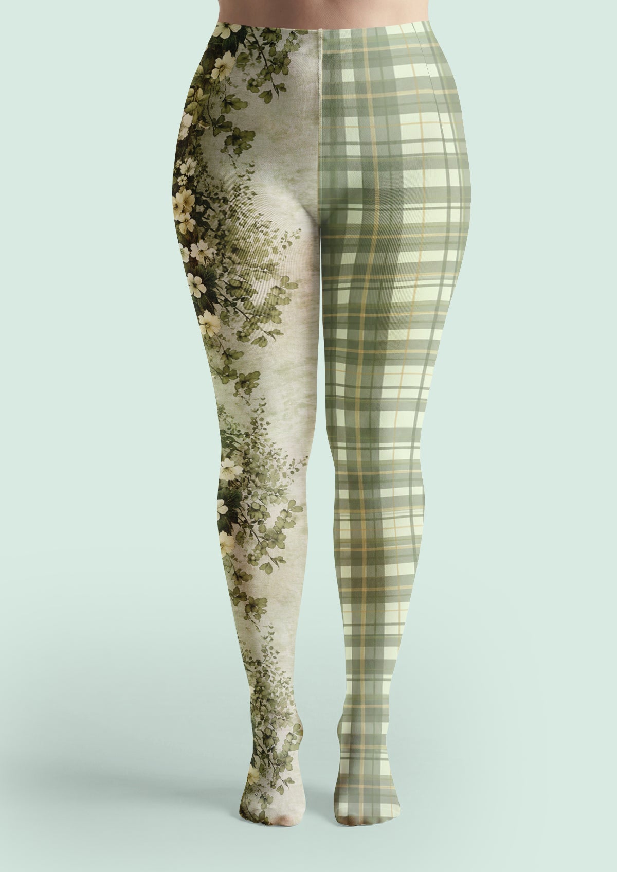 Green Botanical Floral Plaid Tights