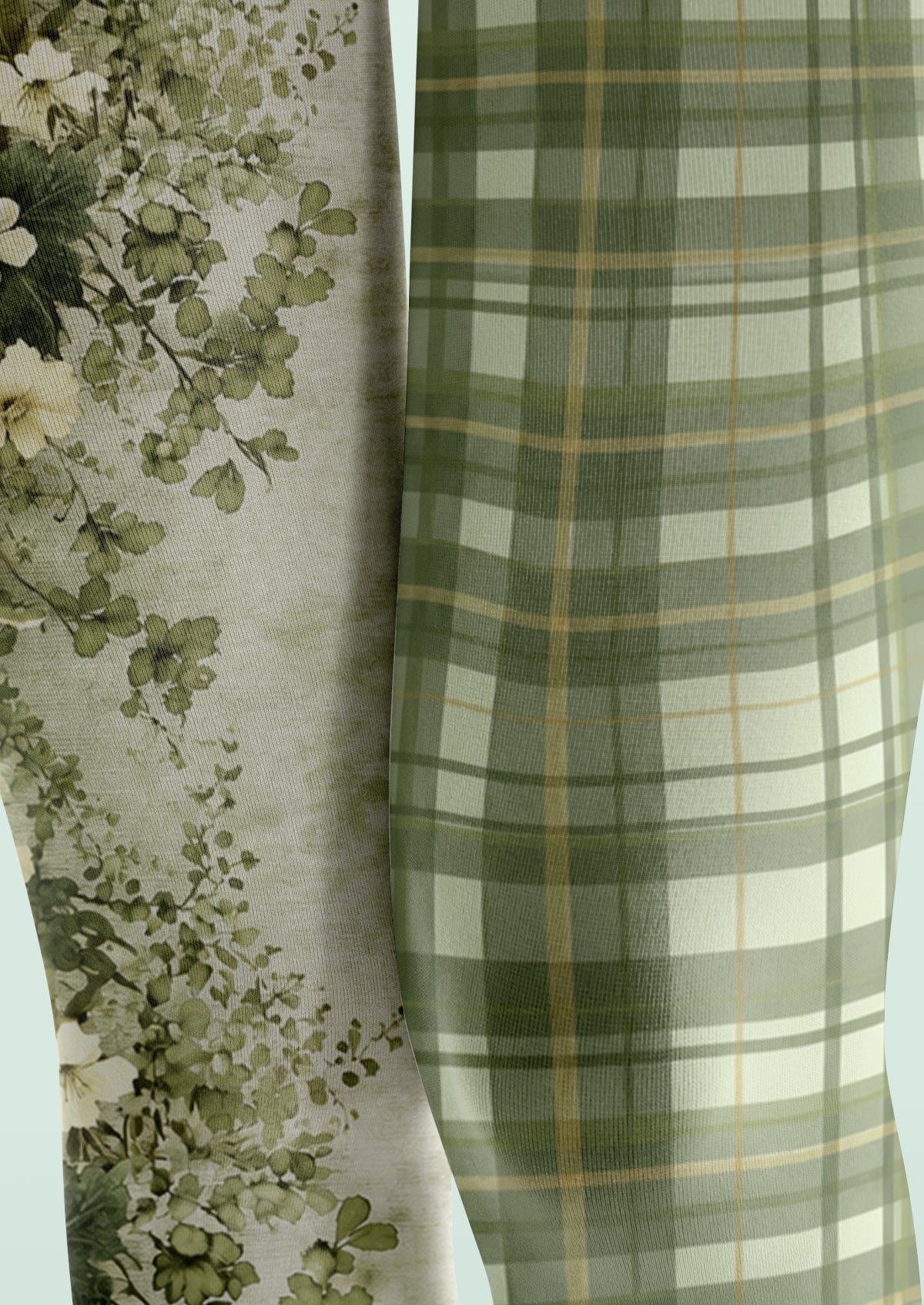 Green Botanical Floral Plaid Tights