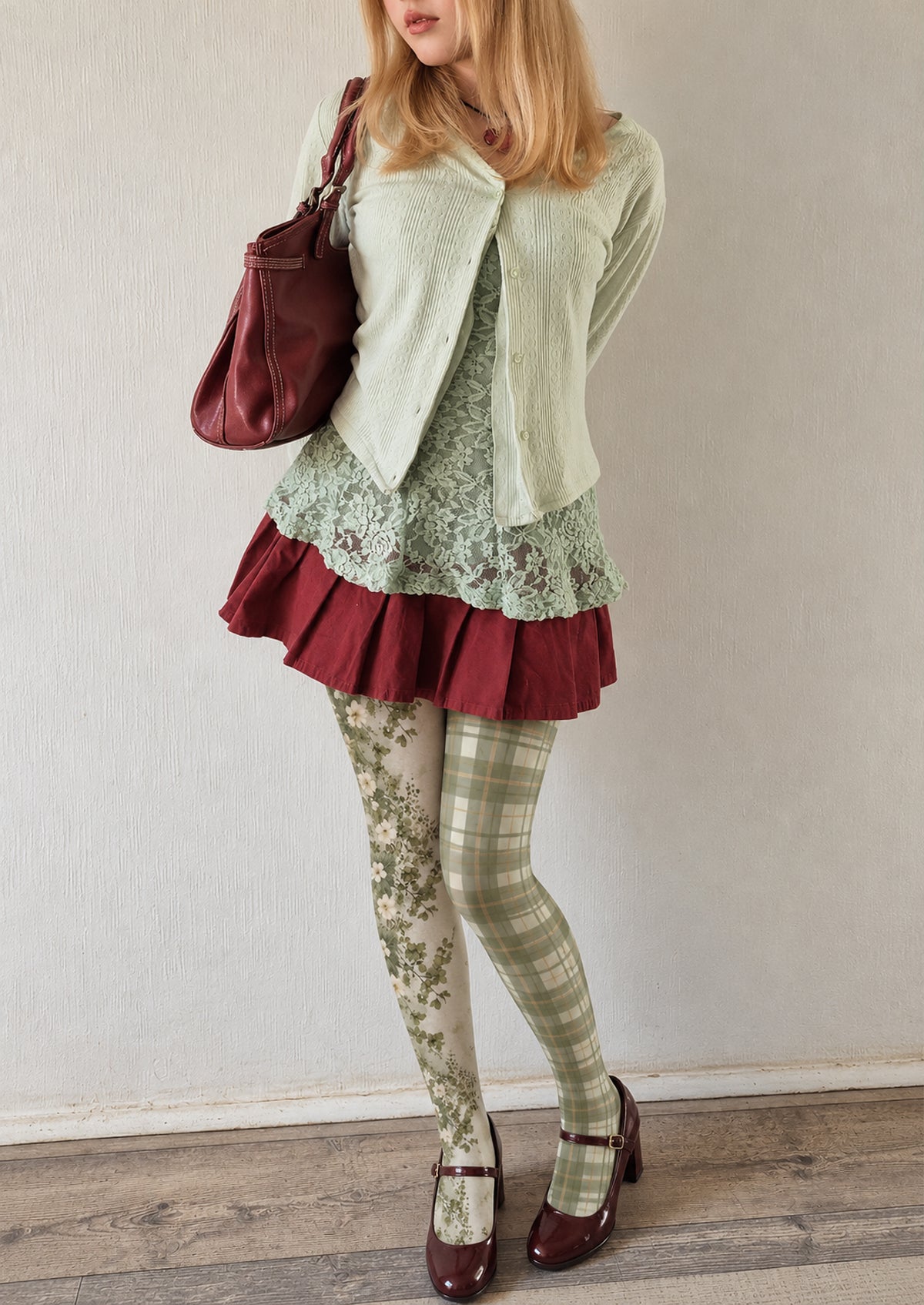 Green Botanical Floral Plaid Tights