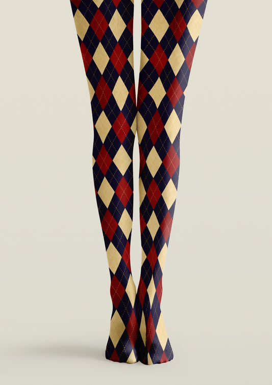 Navy, burgundy and beige printed tights with repeating argyle diamonds and fine dotted diagonal lines across both legs.