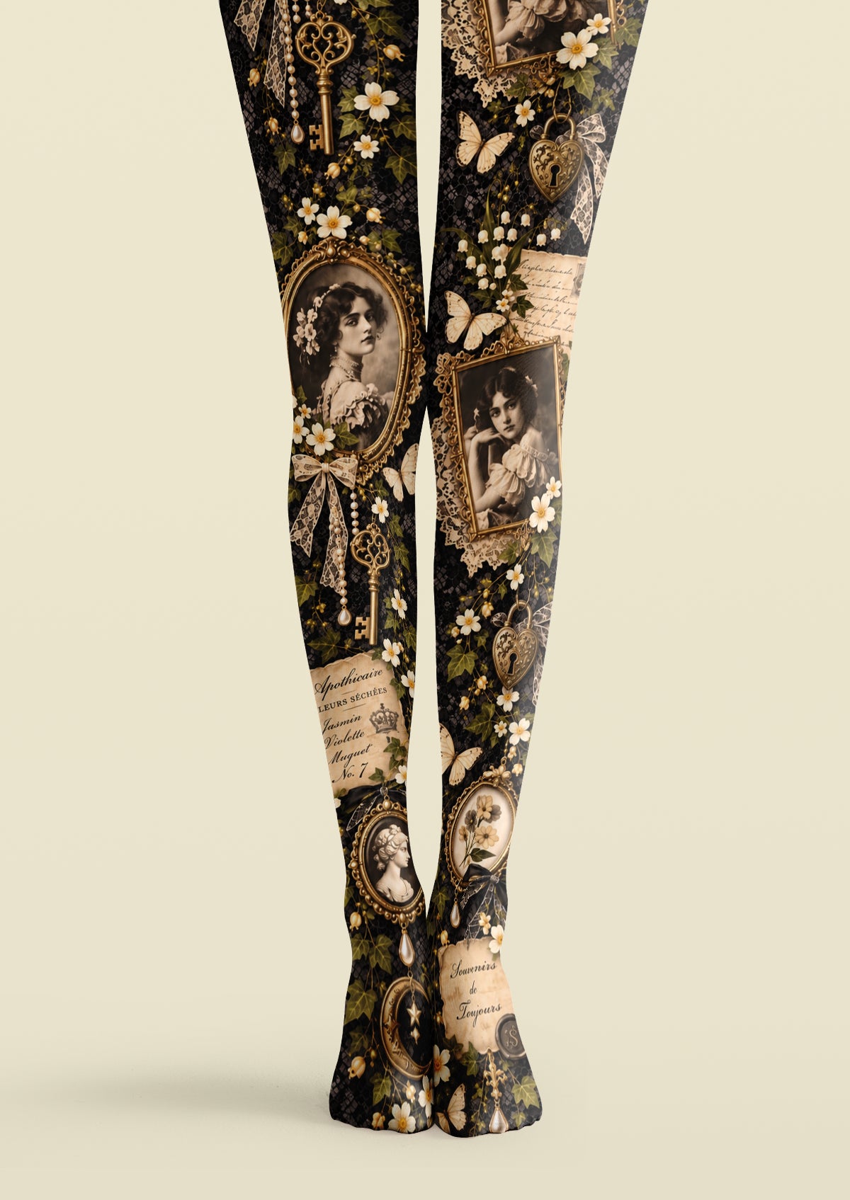Black printed tights with sepia portraits, ivory flowers, butterflies, ornate frames, antique keys and heart-shaped locks.