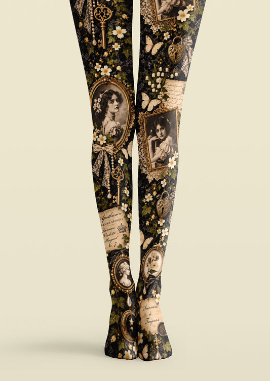 Black printed tights with sepia portraits, ivory flowers, butterflies, ornate frames, antique keys and heart-shaped locks.