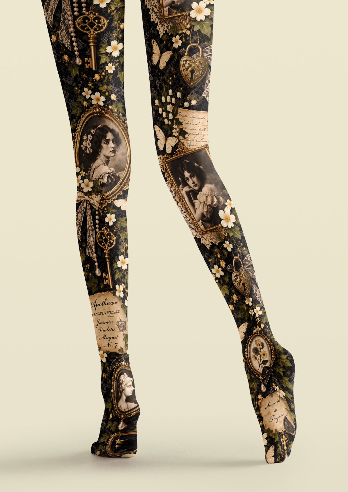 Black Vintage Portrait Floral Collage Tights
