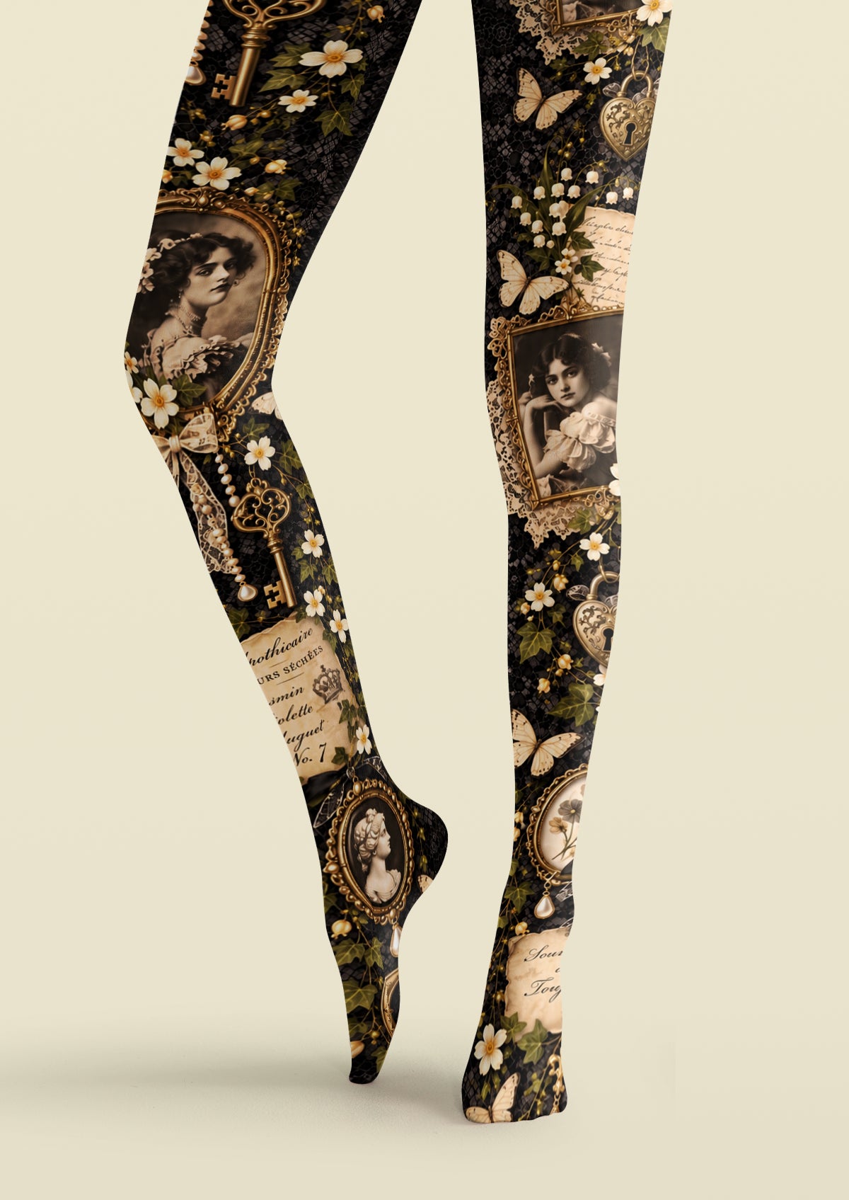 Black Vintage Portrait Floral Collage Tights