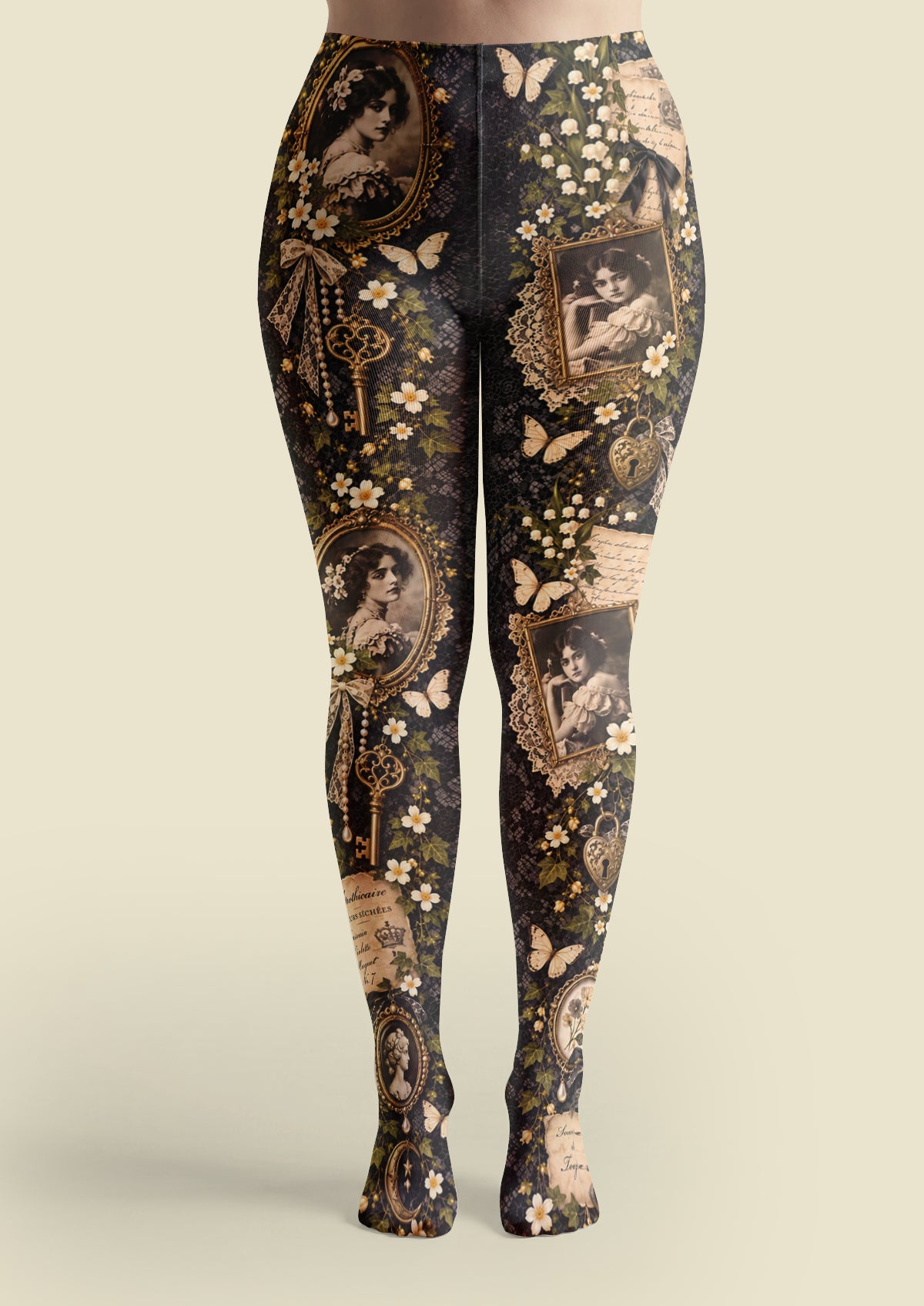Black Vintage Portrait Floral Collage Tights
