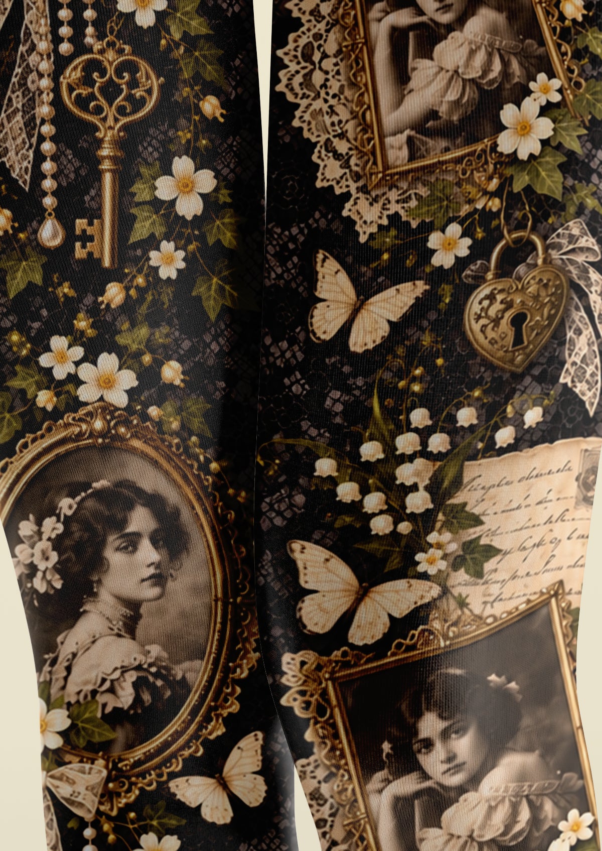 Black Vintage Portrait Floral Collage Tights