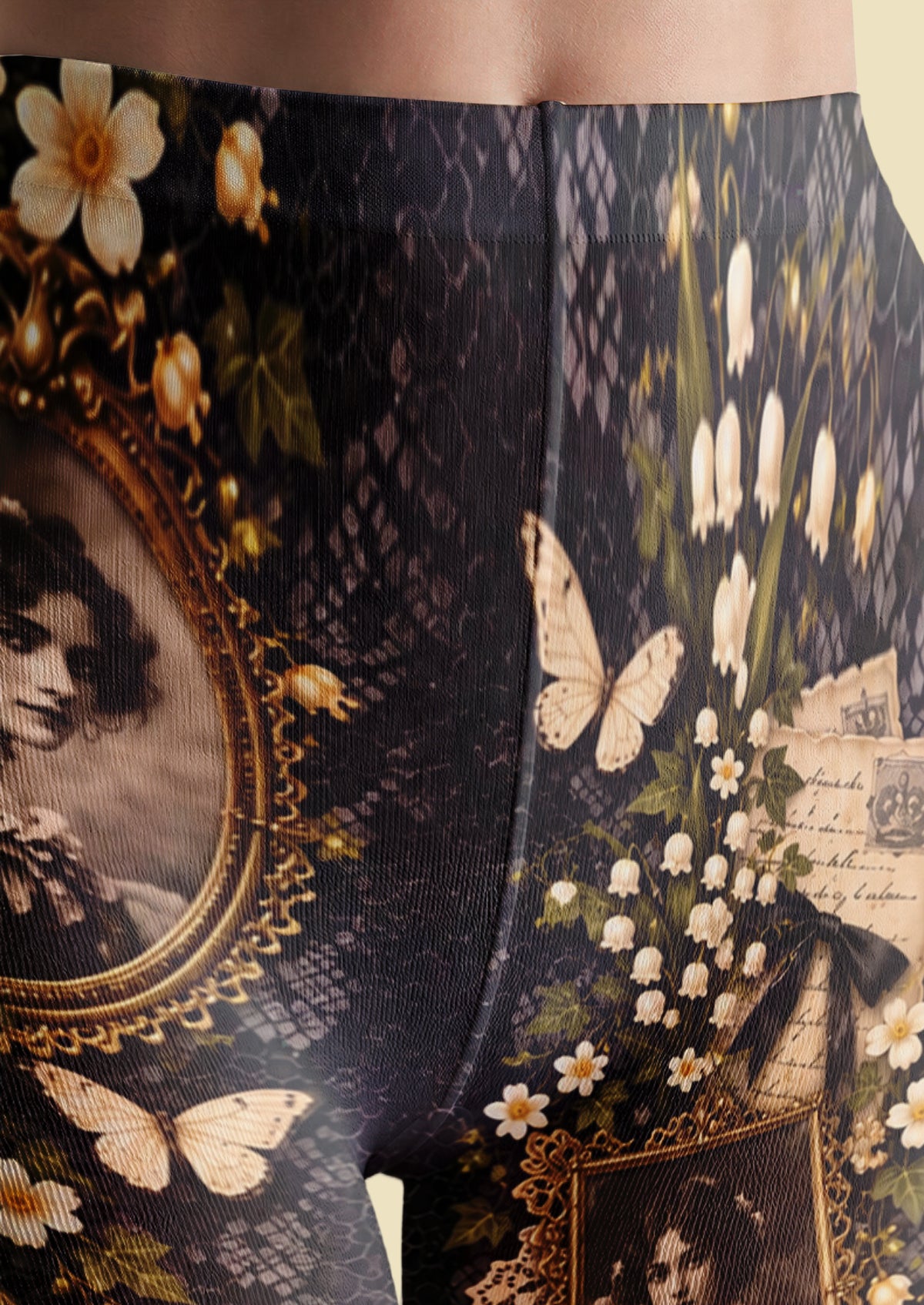 Black Vintage Portrait Floral Collage Tights