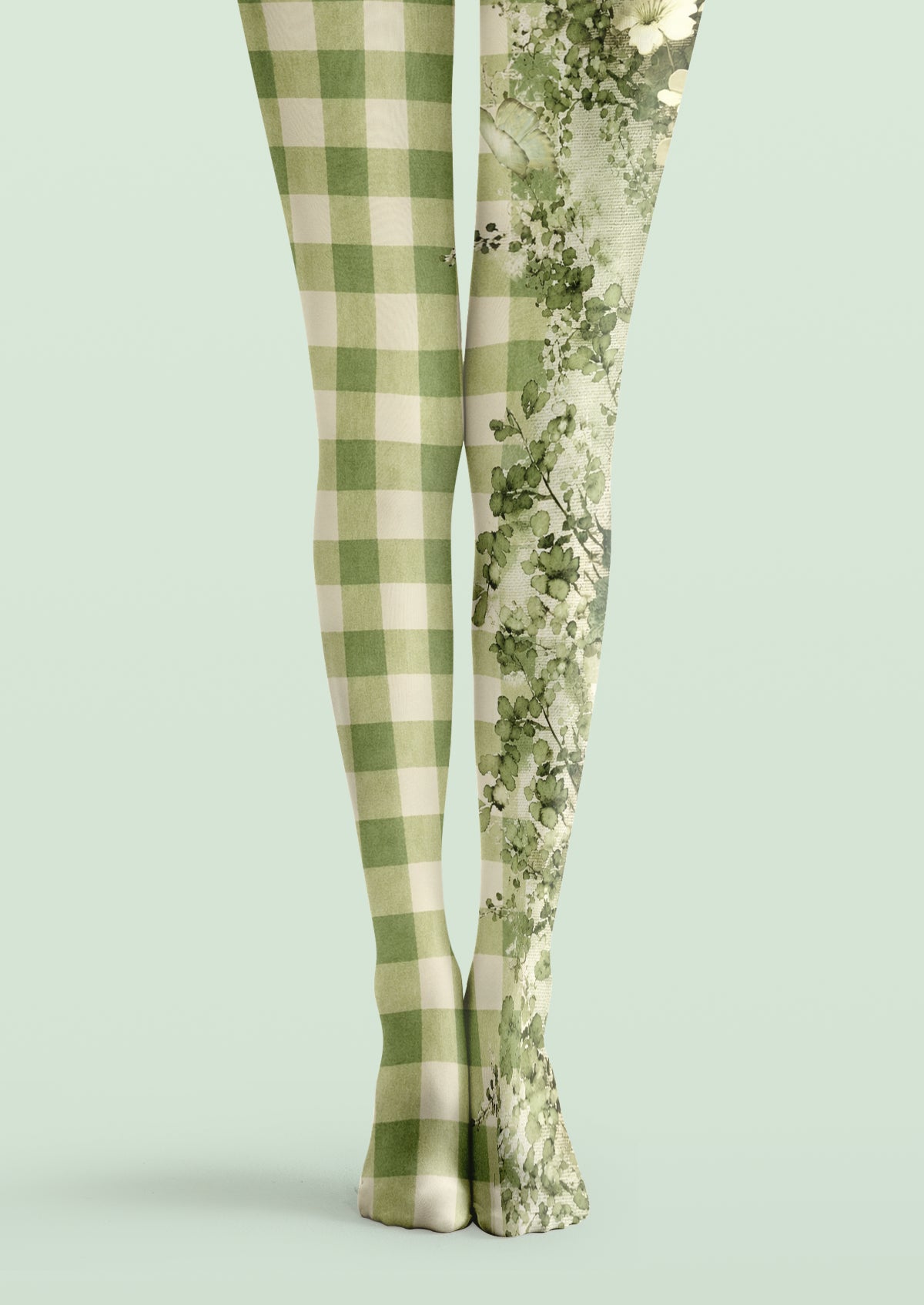 Green and ivory printed tights with olive gingham plaid on one leg and delicate botanical flowers and foliage on the other.
