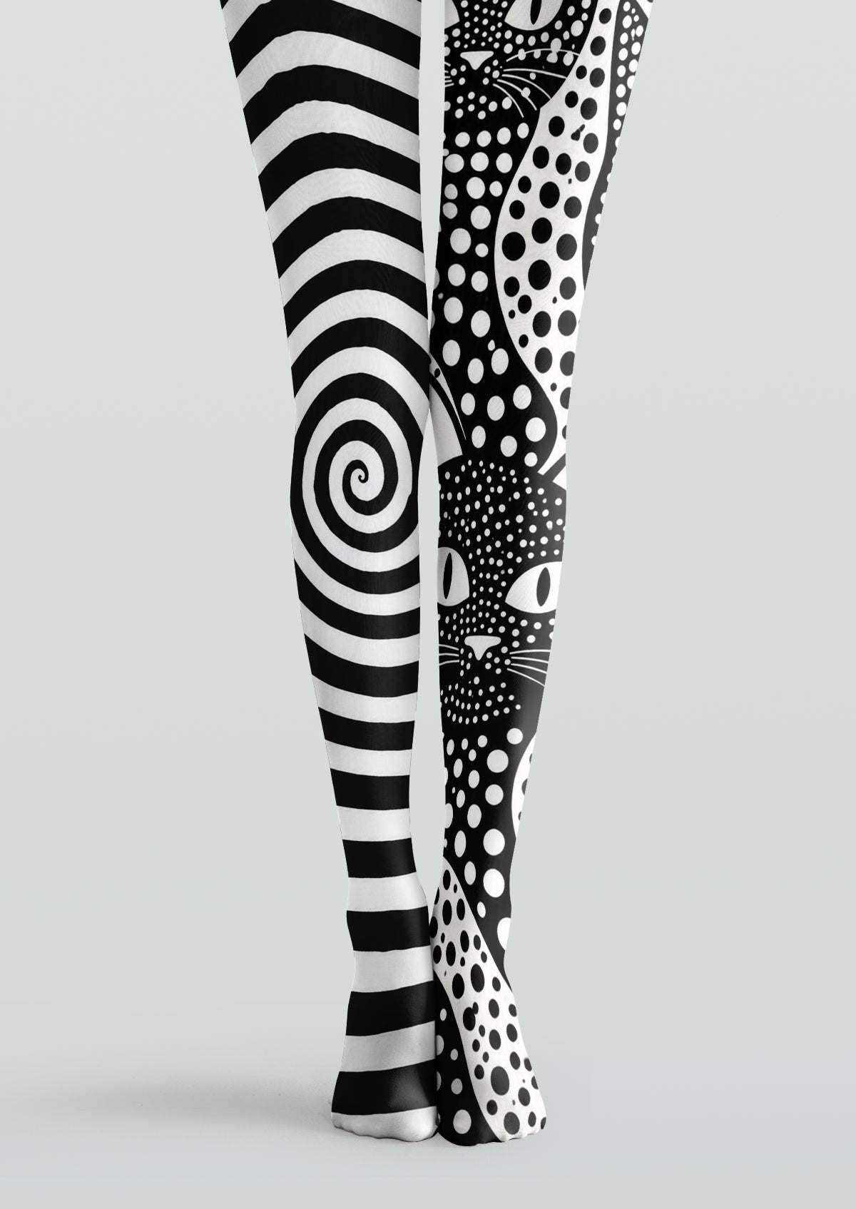 Black White Printed Tights with cat graphics, polka dots and spiral stripe patterns