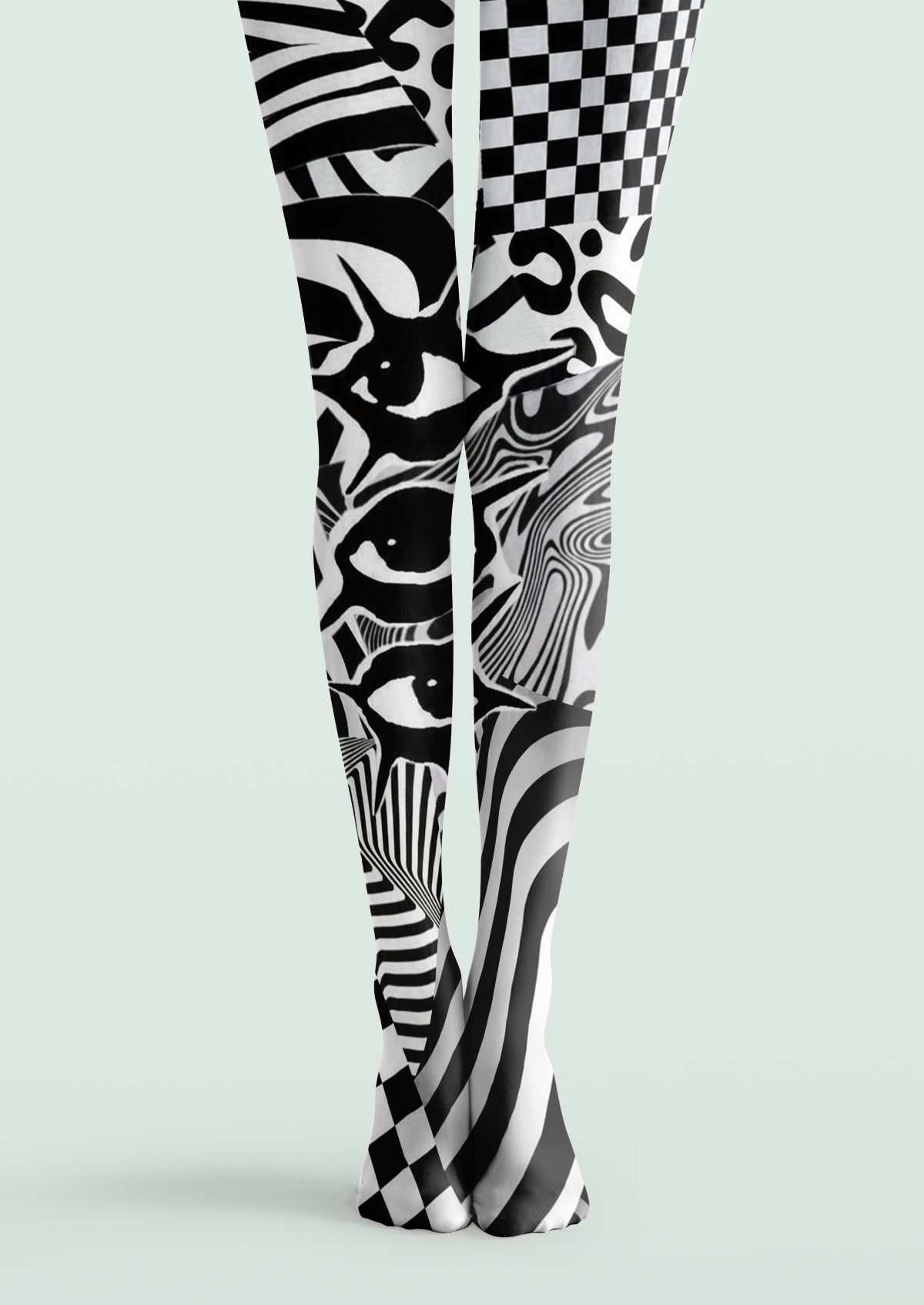 Black White Abstract Geometric Printed Tights with checkerboard, curved line and optical patterns