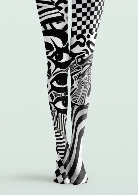 Black White Abstract Geometric Printed Tights with checkerboard, curved line and optical patterns