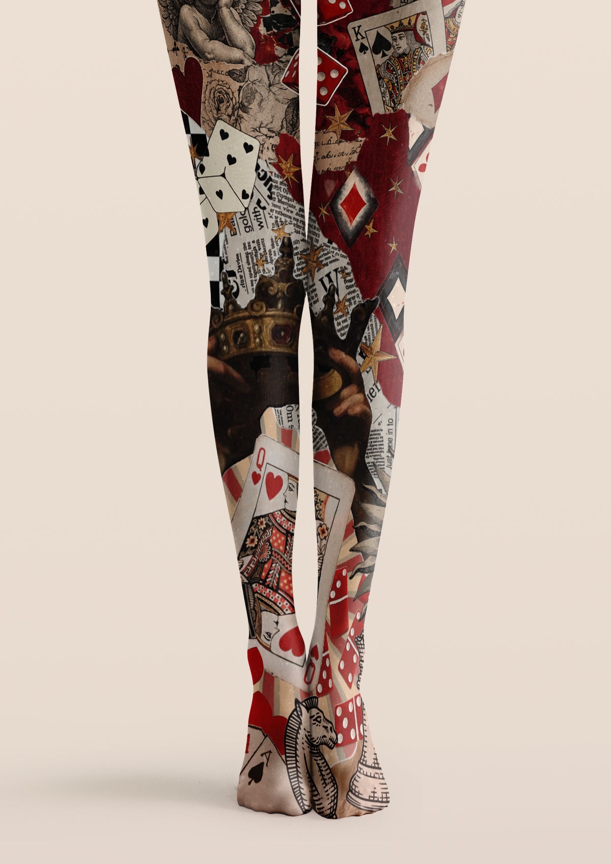 Red Black Printed Tights with playing card, dice, clock and collage graphic patterns