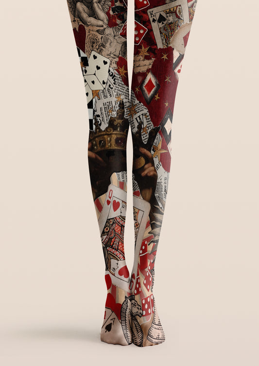 Red Black Printed Tights with playing card, dice, clock and collage graphic patterns