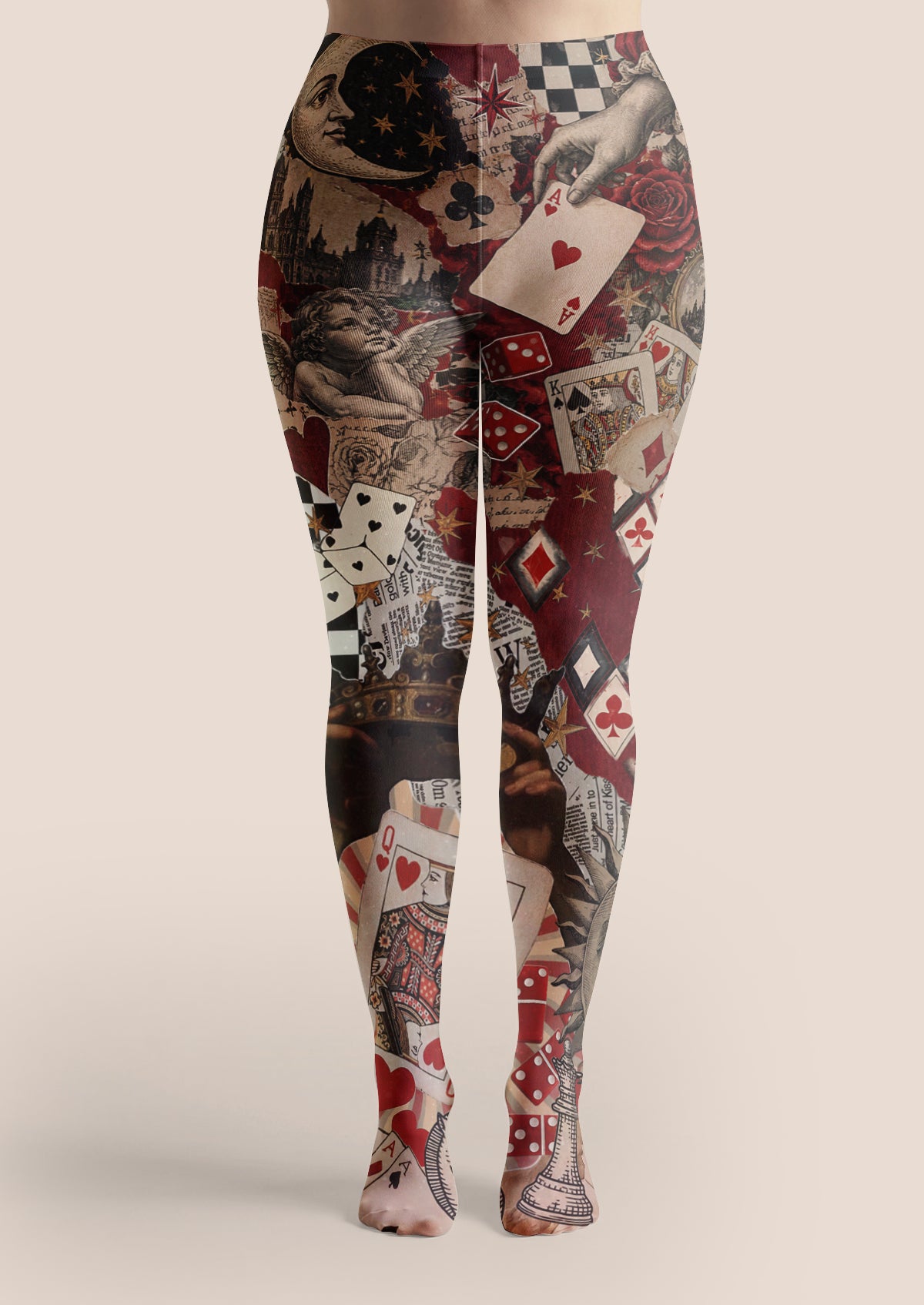 Red Black Playing Card Dice Collage Tights