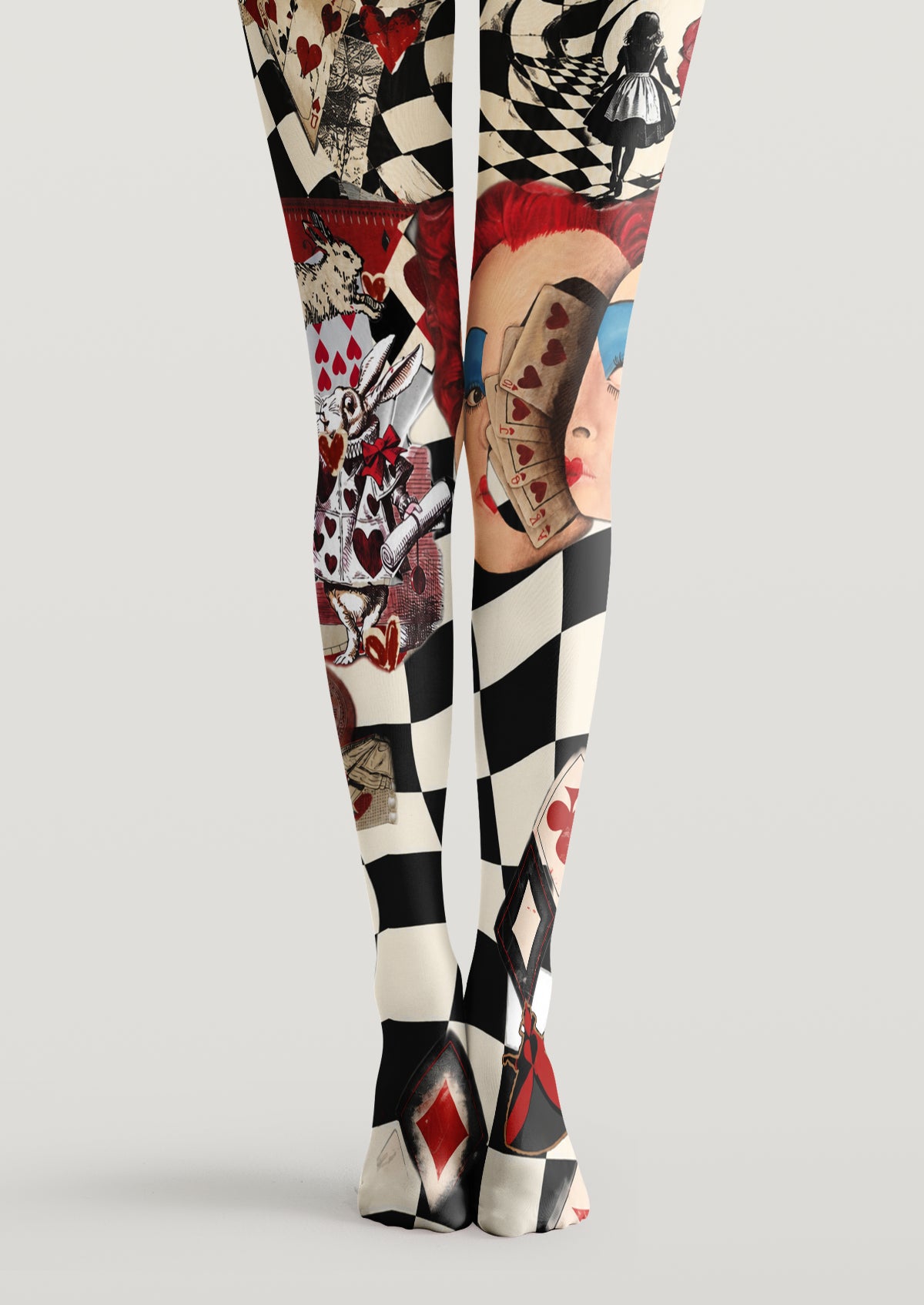 Red Black Printed Tights with chess, playing card, rabbit and collage graphic patterns
