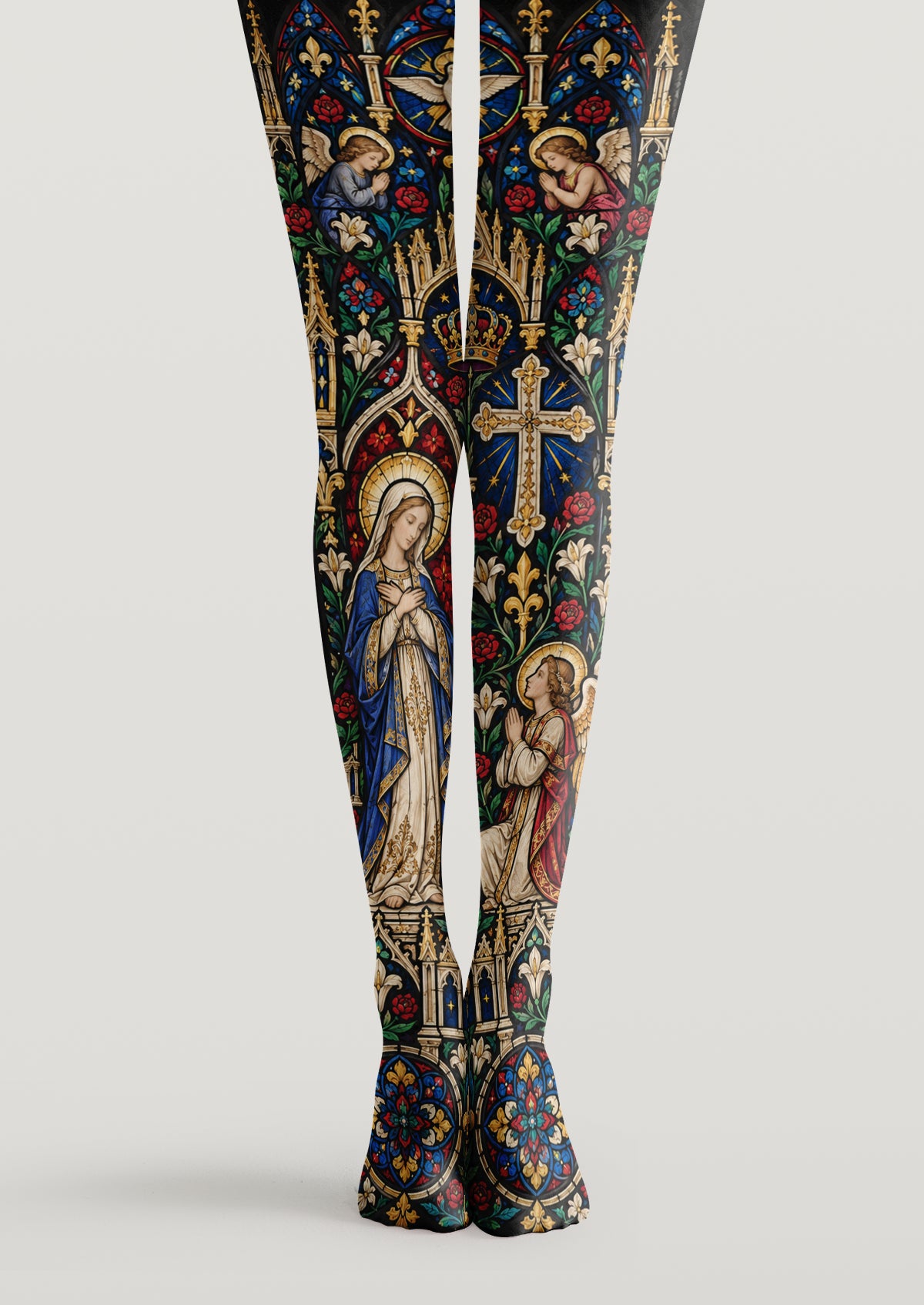 Black Blue Printed Tights with stained glass cathedral, angel and floral artwork