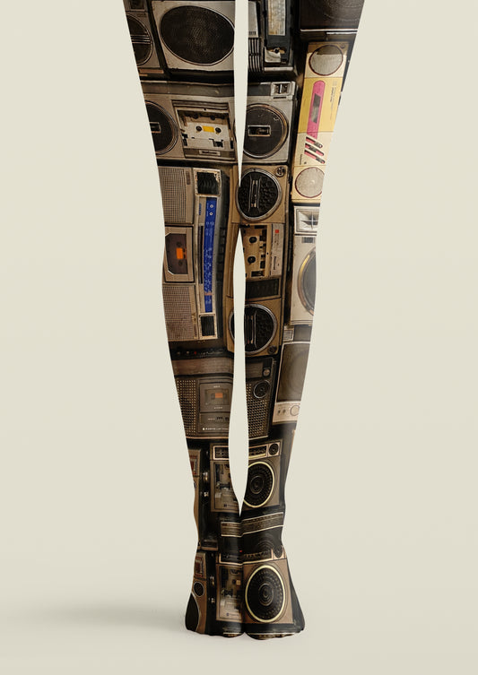 Black Brown Printed Tights with vintage radio, boombox and cassette player graphic patterns