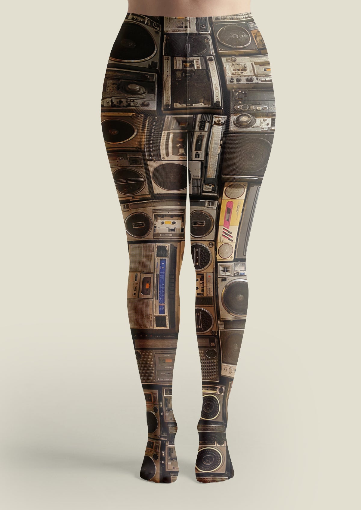 Black Brown Vintage Radio Collage Tights