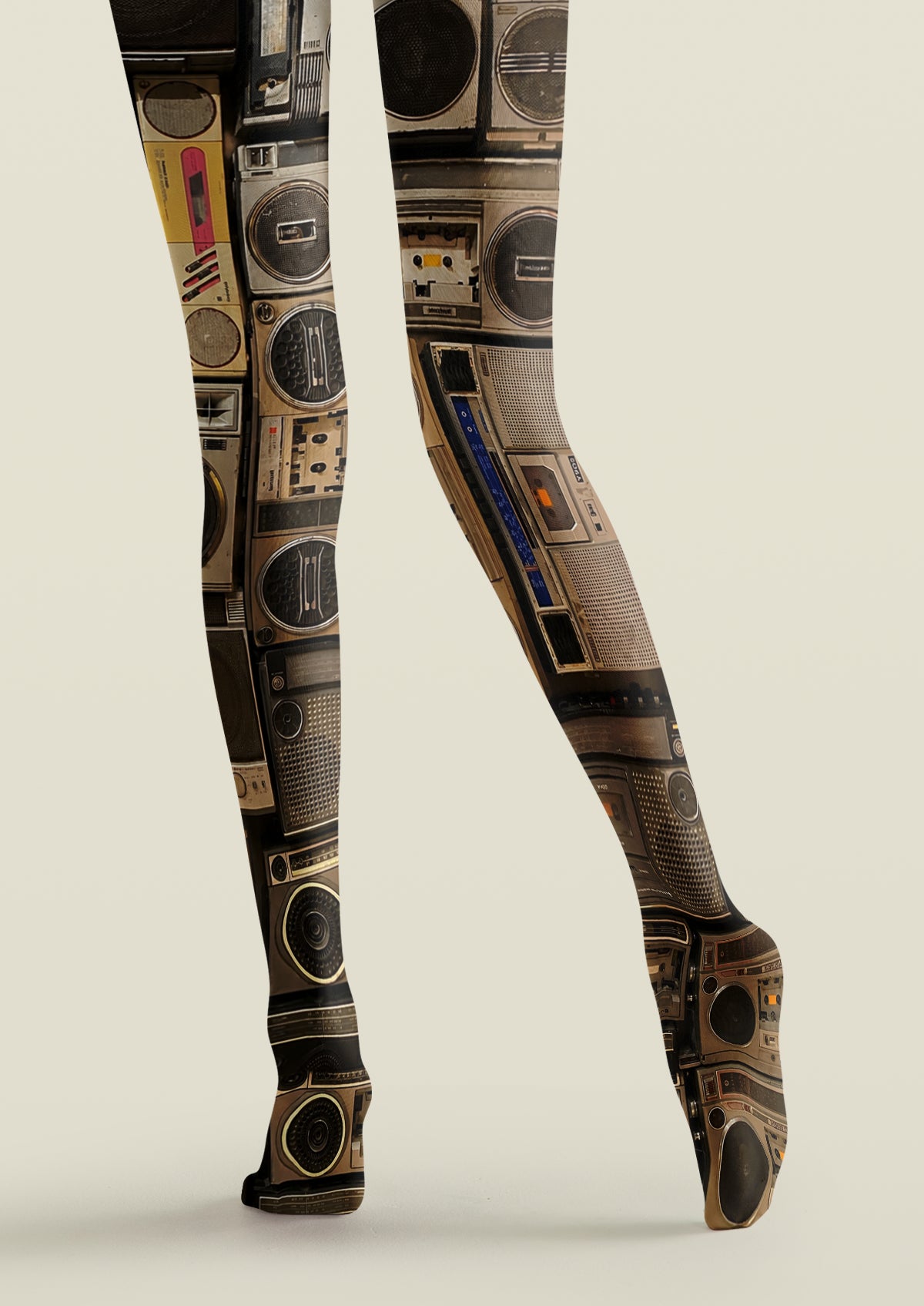 Black Brown Vintage Radio Collage Tights