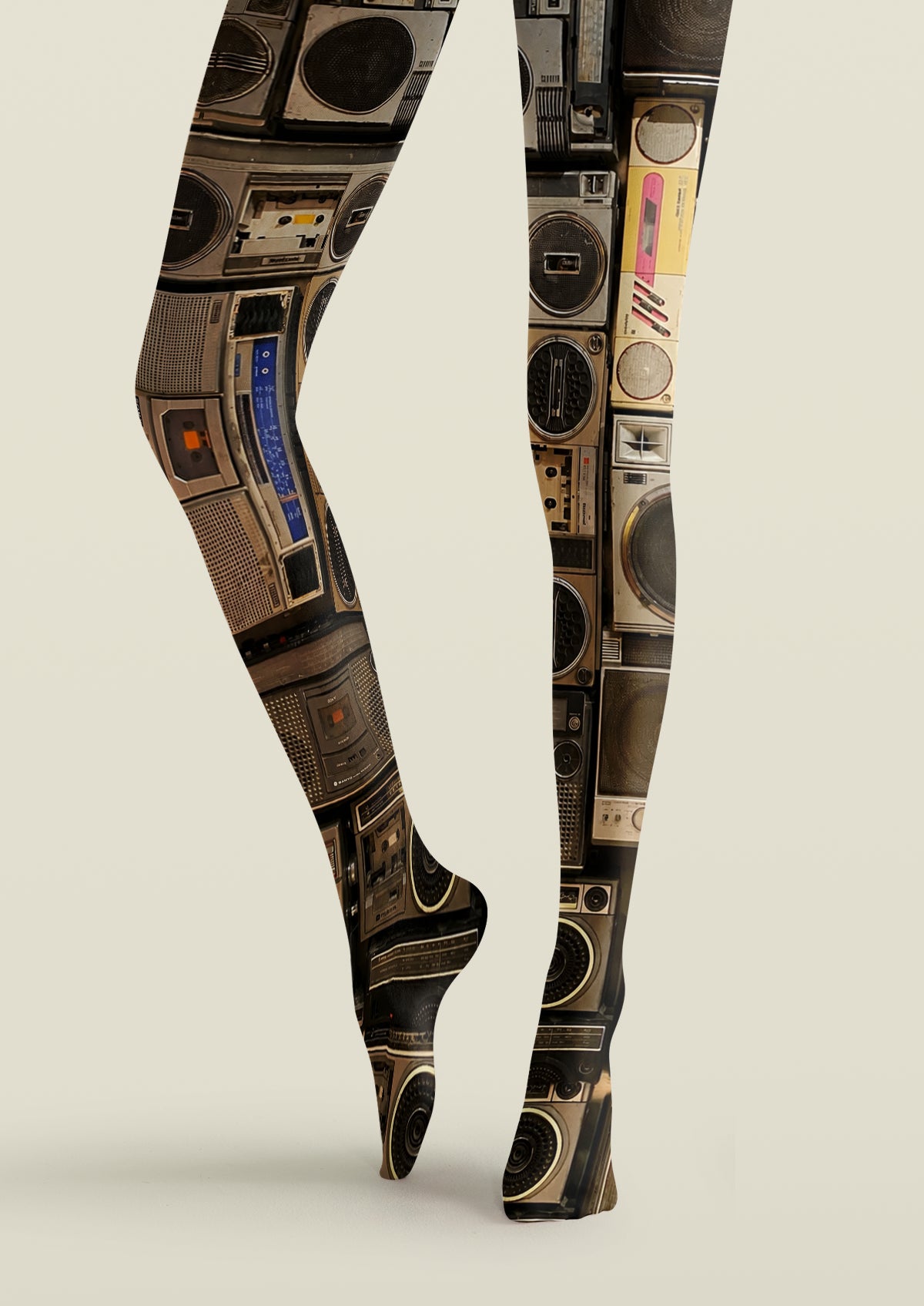 Black Brown Vintage Radio Collage Tights