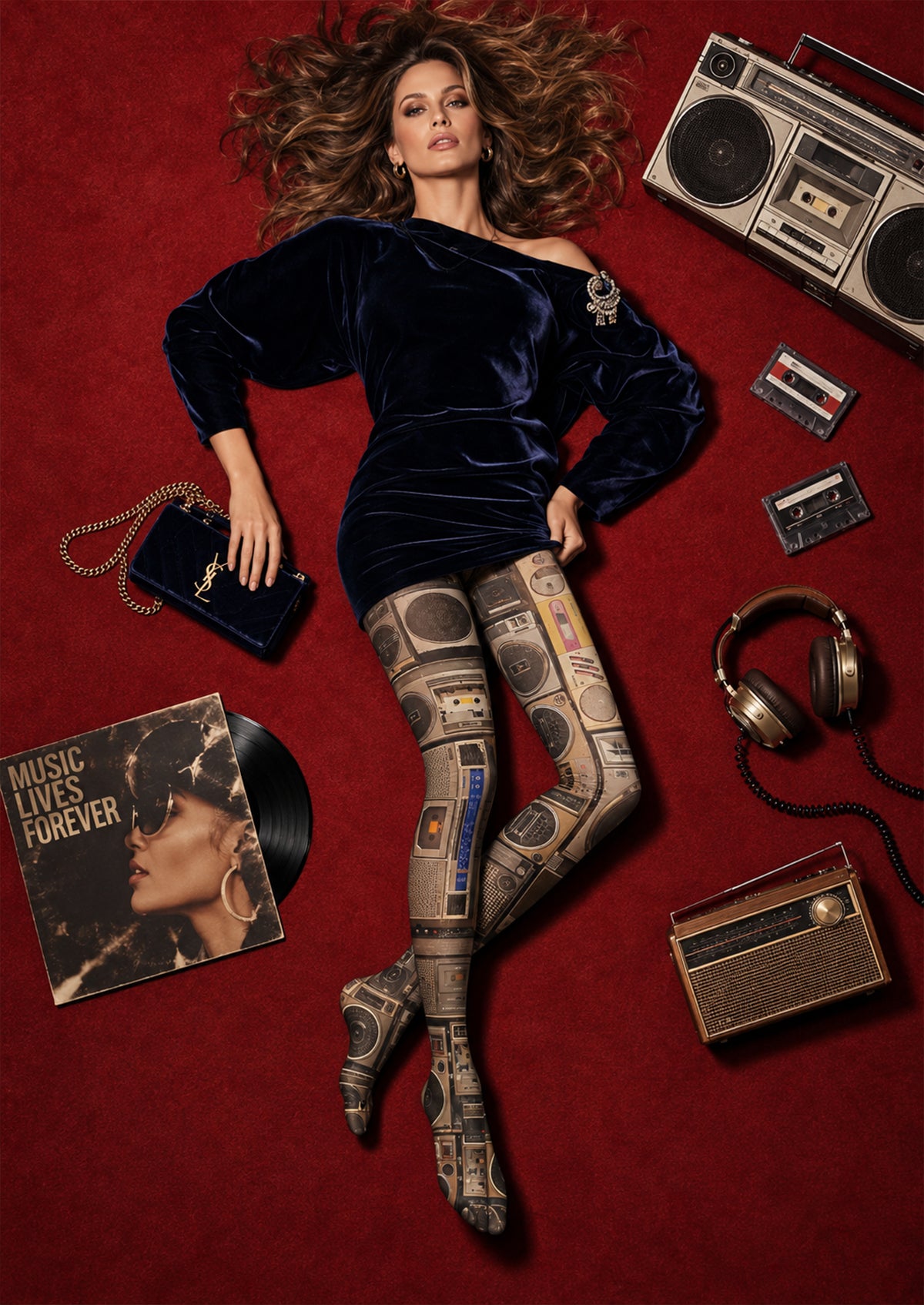 Black Brown Vintage Radio Collage Tights