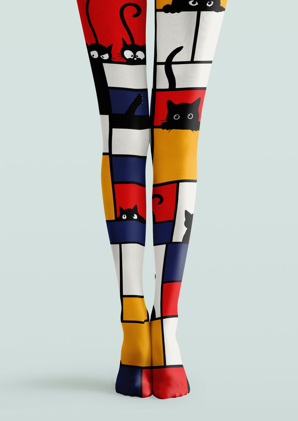 Red Yellow Blue Printed Tights with cat silhouettes and geometric grid patterns