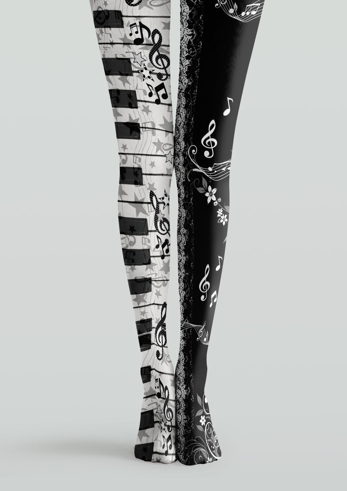 Black White Printed Tights with piano keys, music notes and sound wave patterns