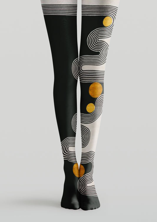 Black White Yellow Printed Tights with abstract curved line and geometric circle patterns